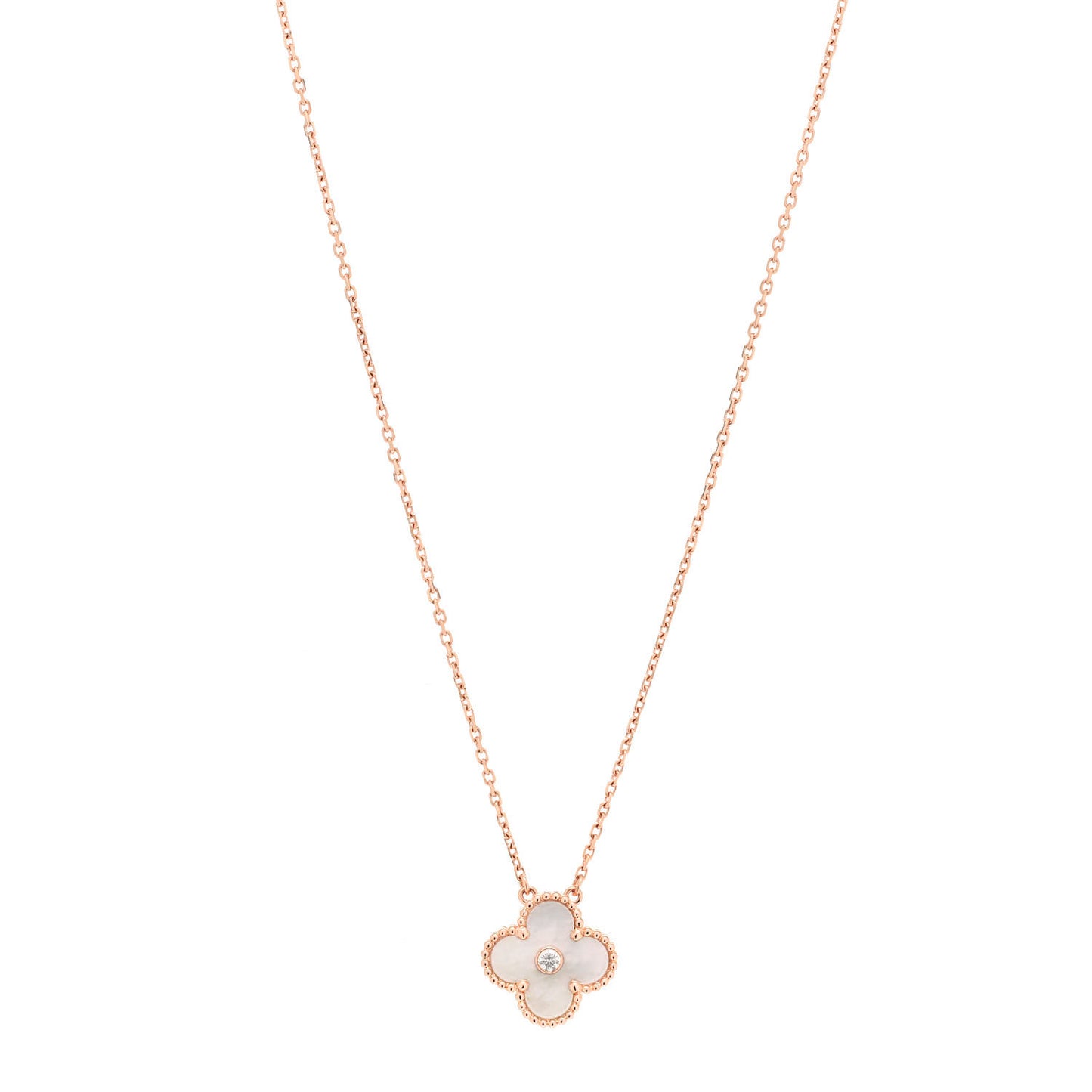 18K Rose Gold Diamond Mother of Pearl Vintage Alhambra Pendant Necklace