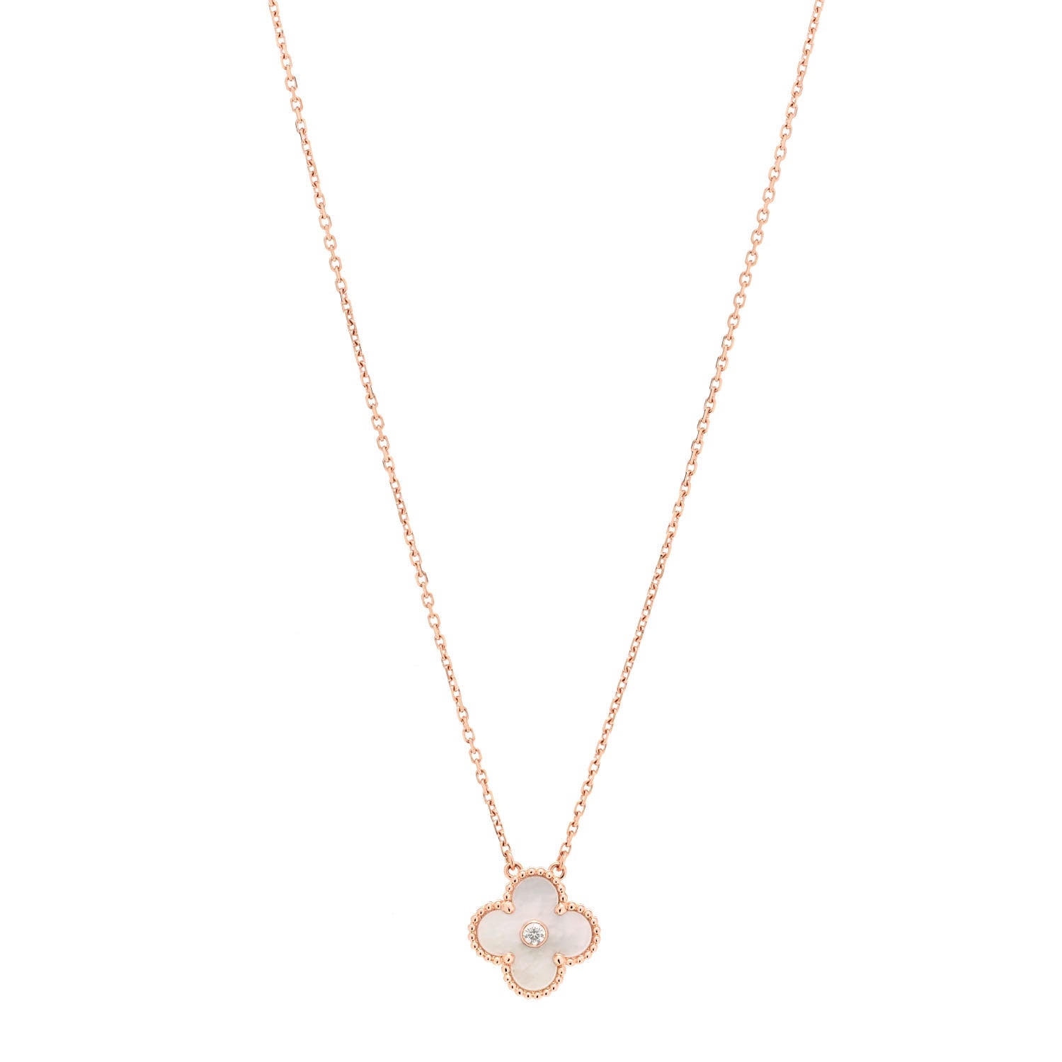 Van Cleef & Arpels 18K Rose Gold Diamond Mother of Pearl Vintage Alhambra Pendant Necklace 1 of 5