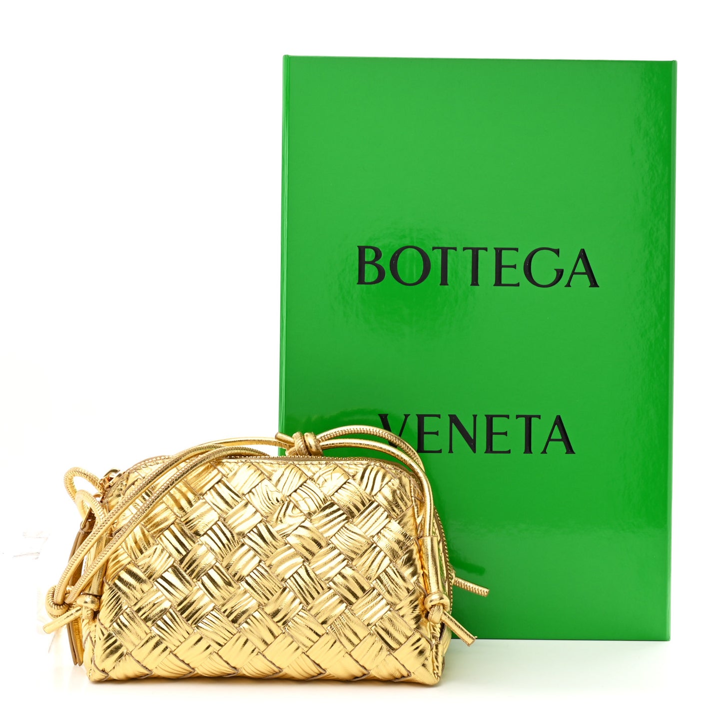 Laminated Calfskin Intrecciato Embossed Wood Effect Concert Pouch Gold