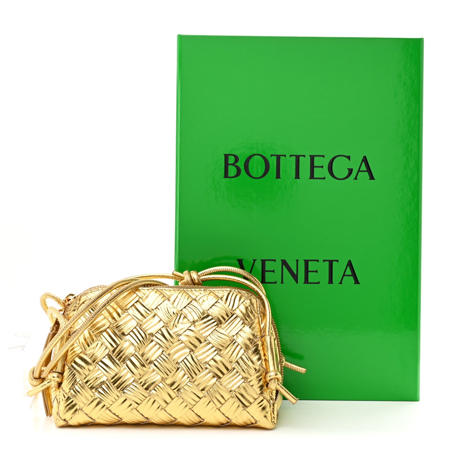 Bottega Veneta Laminated Calfskin Intrecciato Embossed Wood Effect Concert Pouch Gold 10 of 10