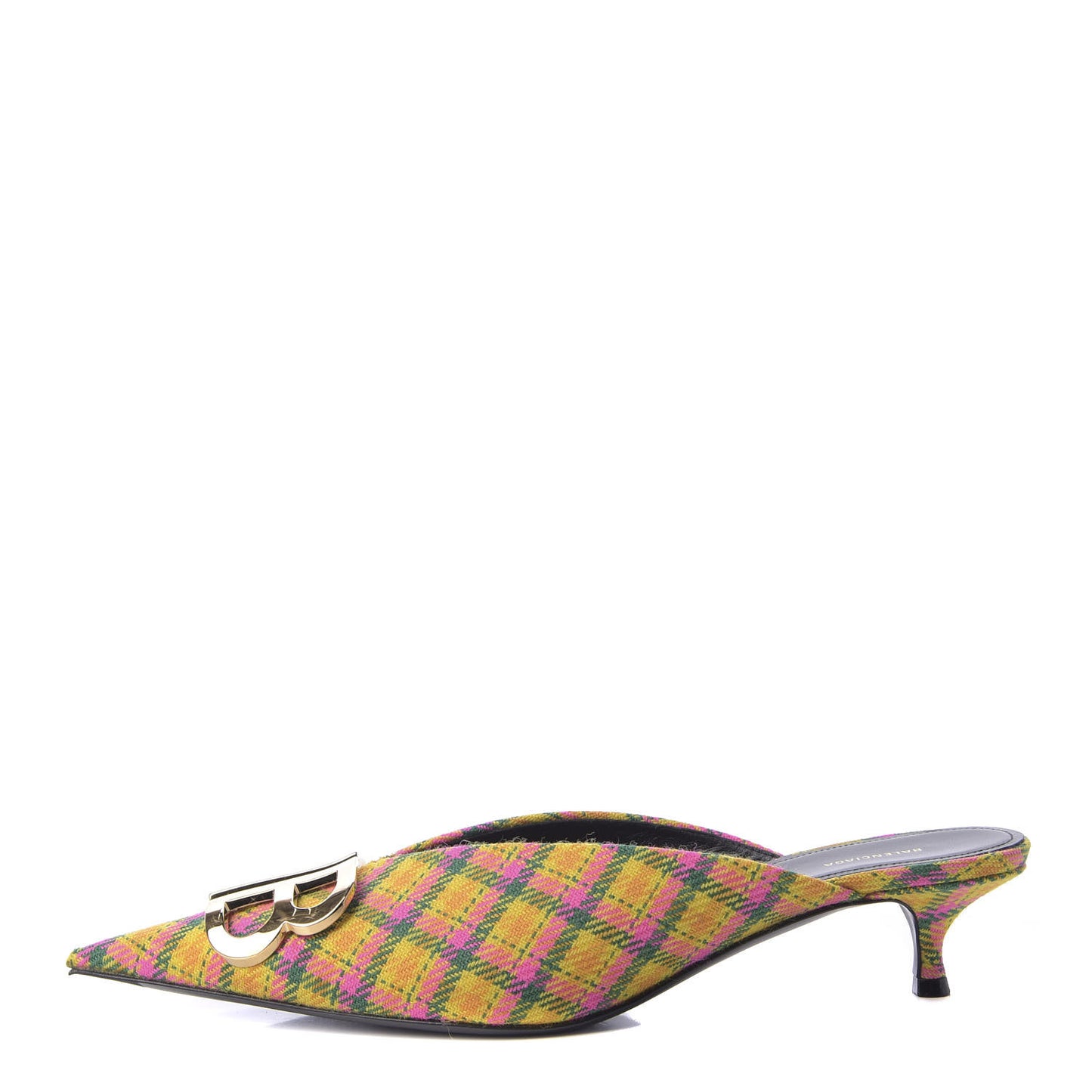 Tweed Plaid BB Knife Pointed Toe 40mm Mules 39 Jaune Rose Fluo