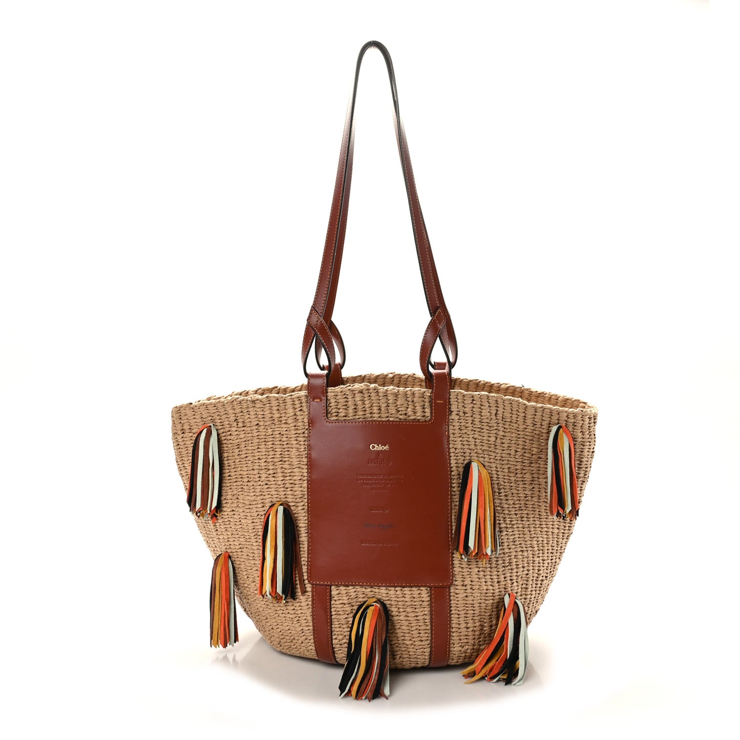 Raffia Calfskin Tassel Large Basket Tote Sepia Brown
