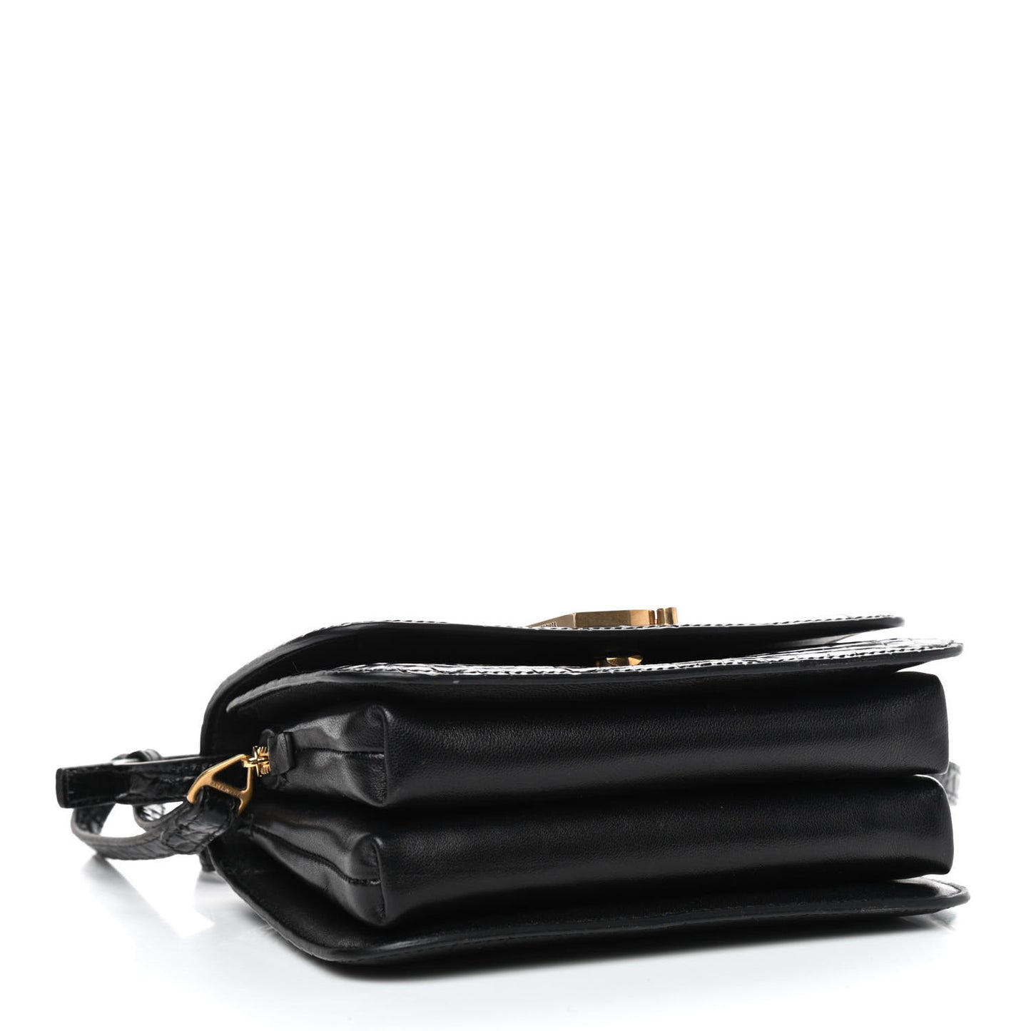 Shiny Calfskin Crocodile Embossed Small B Bag Black