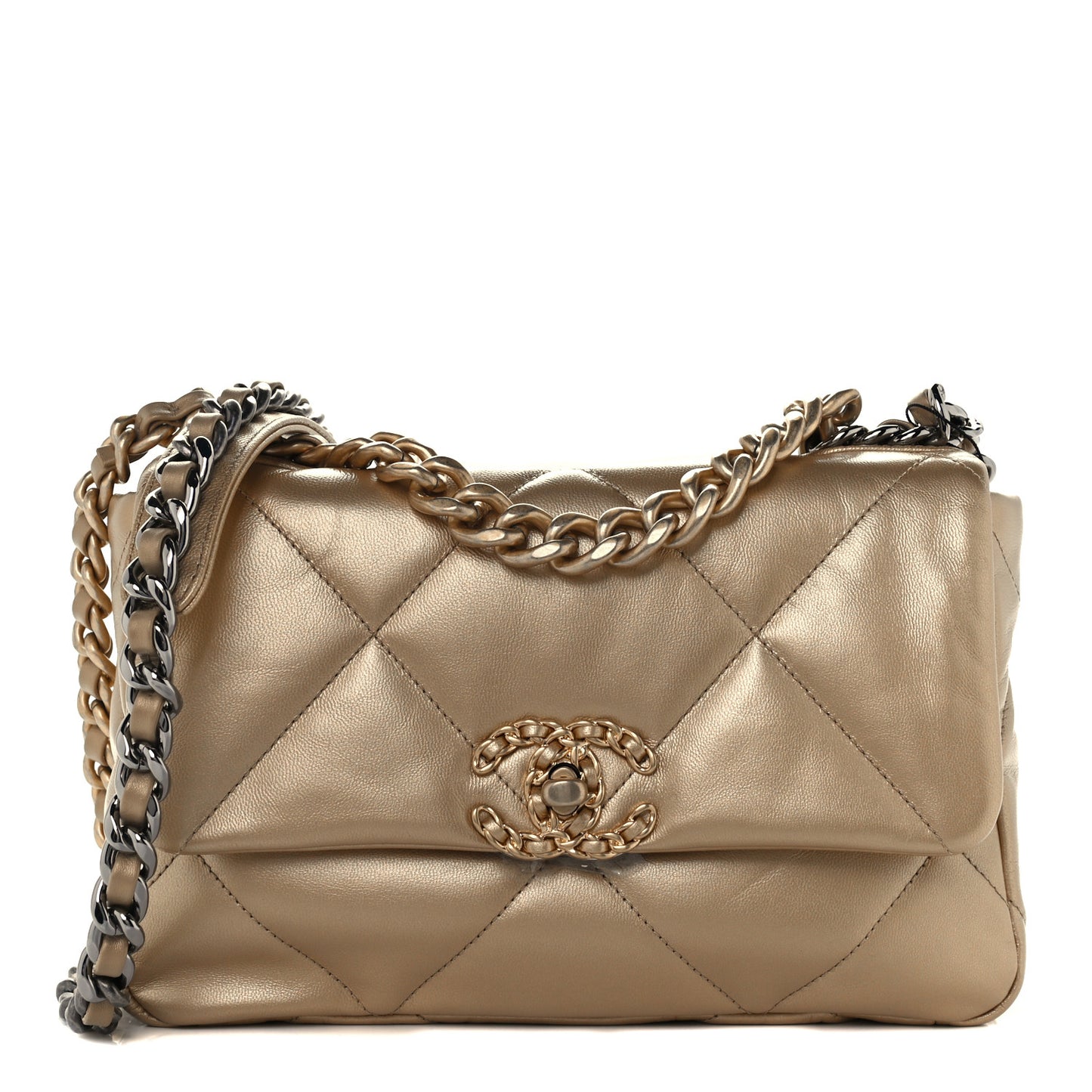 Metallic Goatskin Quilted Medium Chanel 19 Flap Gold
