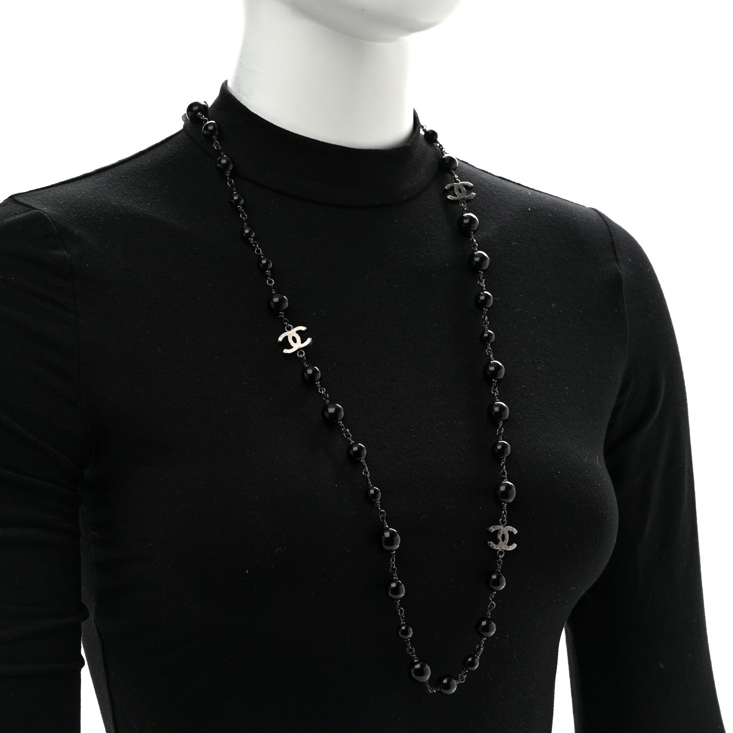 Chanel Bead CC Long Necklace Silver Black 2 of 5