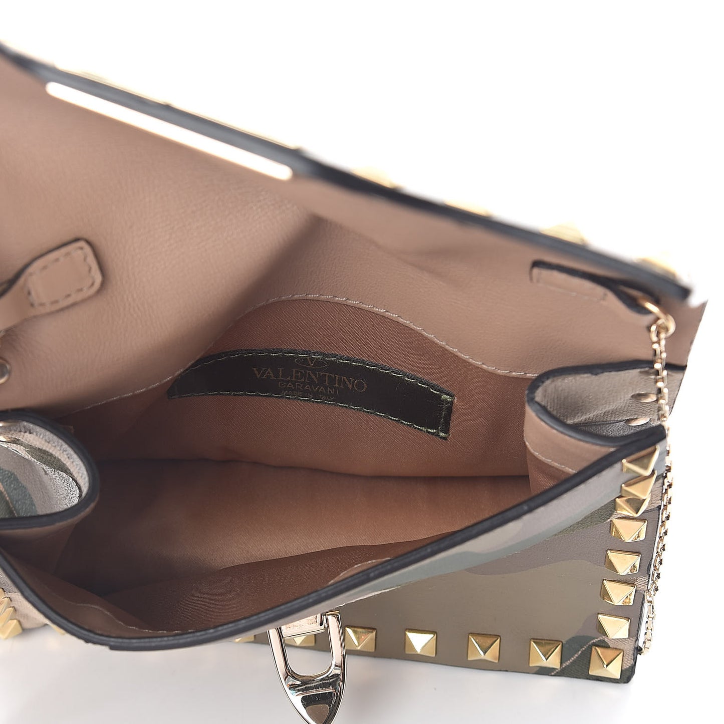 Nappa Canvas Camouflage Mini Rockstud Flip Lock Chain Crossbody Bag Safari