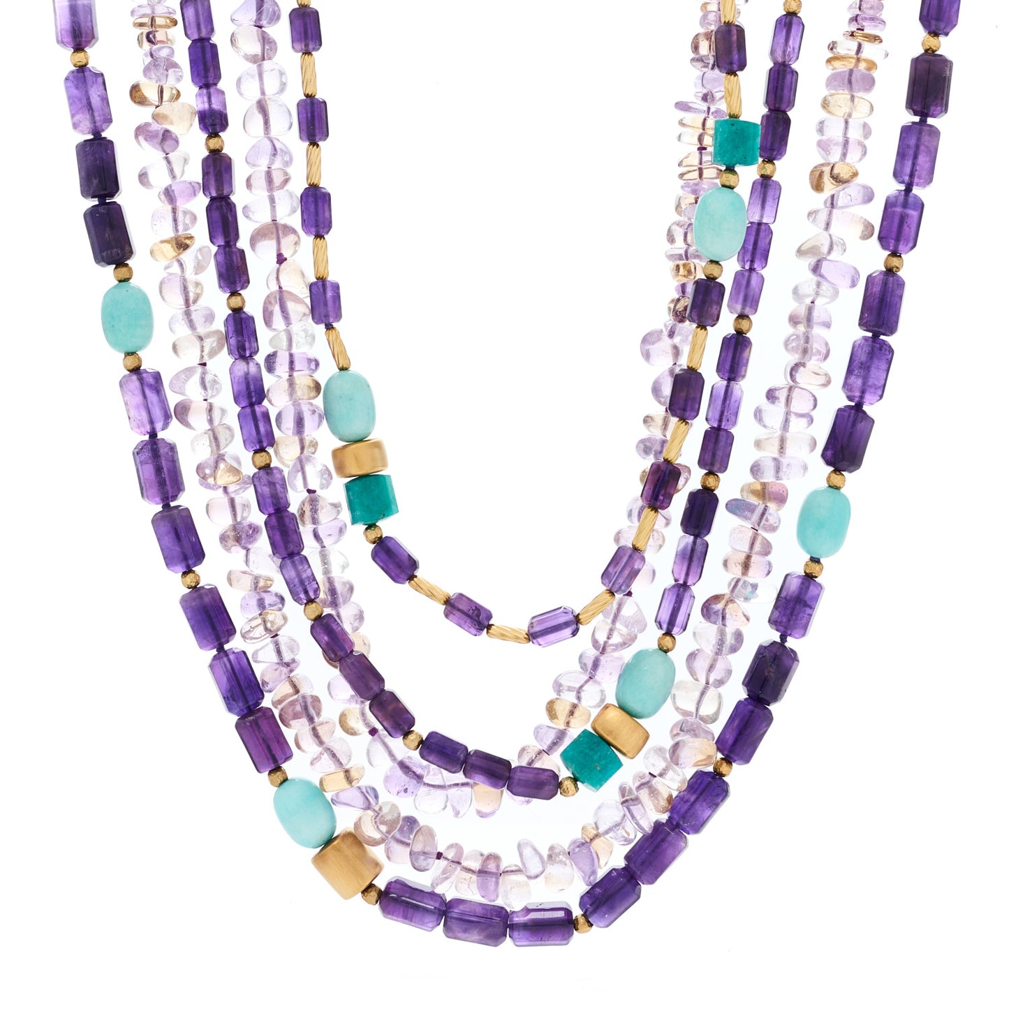 18K Yellow Gold Amethyst Amazonite Citrine Smoky Quartz Signature Multi Strand Necklace