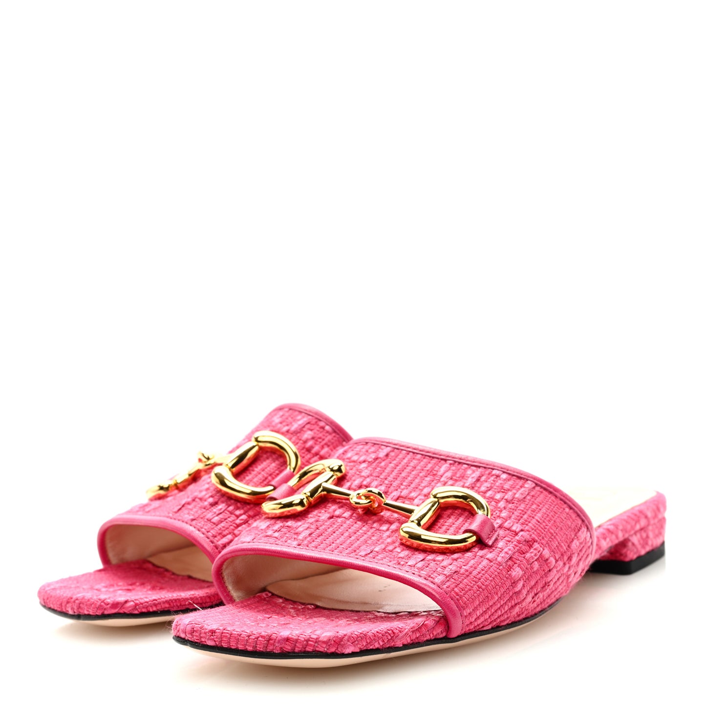 Tridimensional Raffia Malaga Kid GG Monogram Horsebit Flat Slide Sandals 38.5 Bright Fuxia