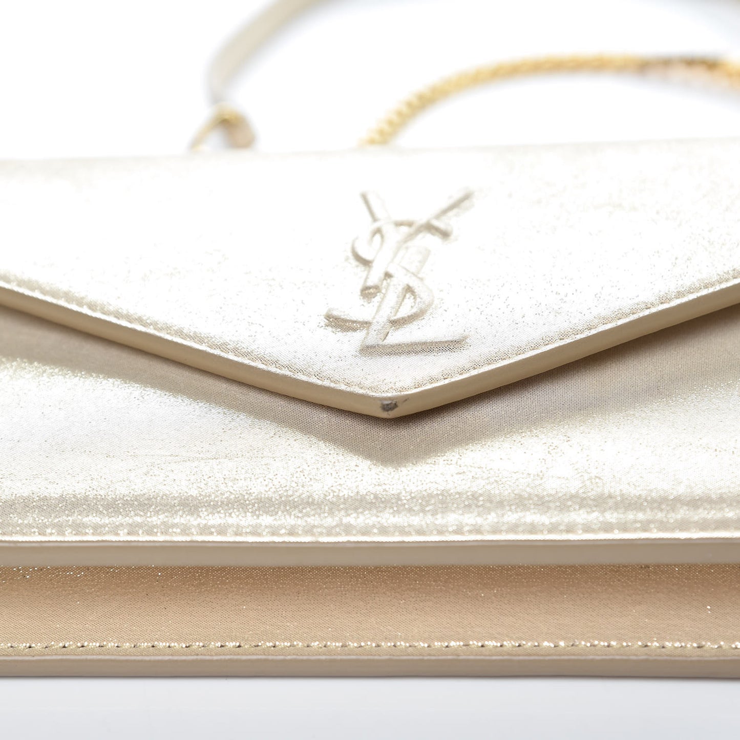 Metallic Fabric Monogram Envelope Chain Wallet Light Gold