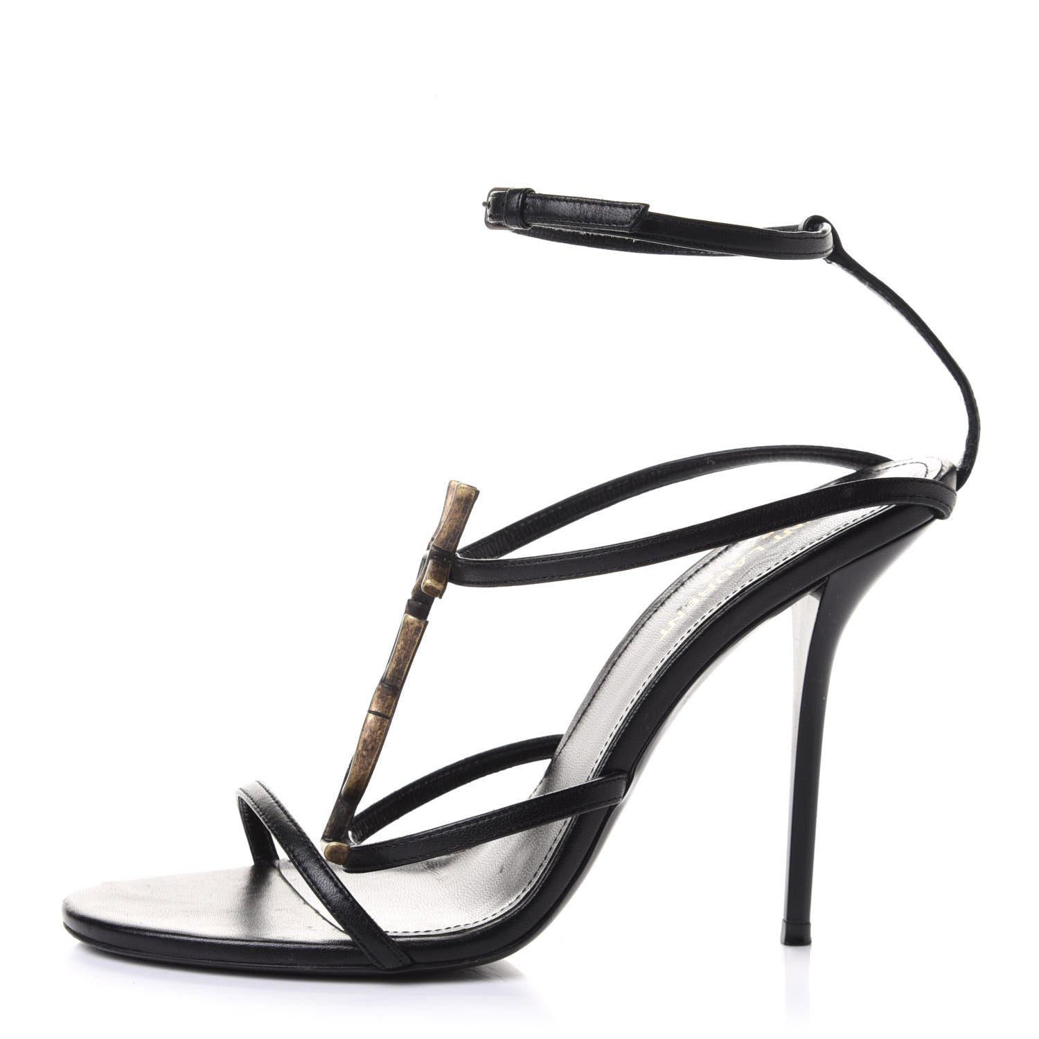 Saint Laurent Sheepskin Cassandra Bamboo Logo 110 Ankle Strap Sandals 38.5 Black 1 of 8