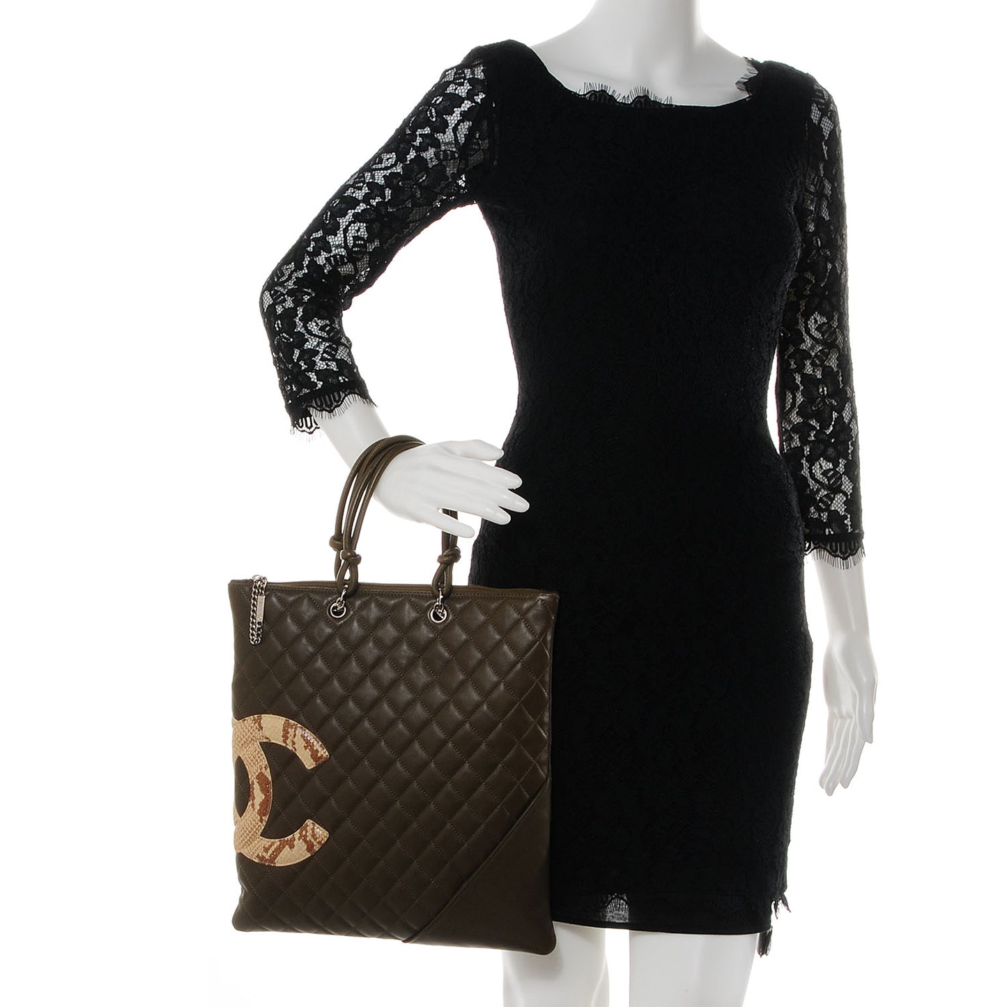 Calfskin Python Quilted Cambon Flat Tote Khaki