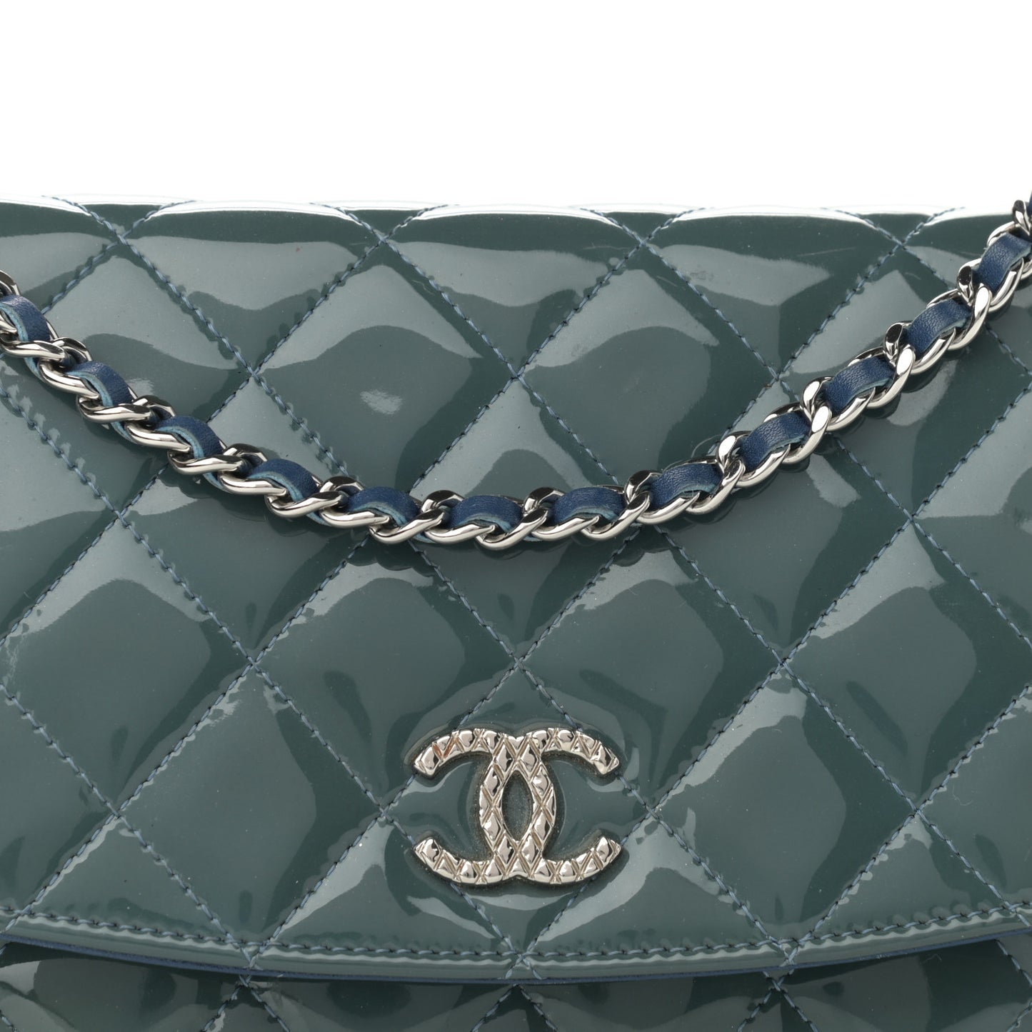 Patent Quilted Brilliant Wallet On Chain WOC Blue