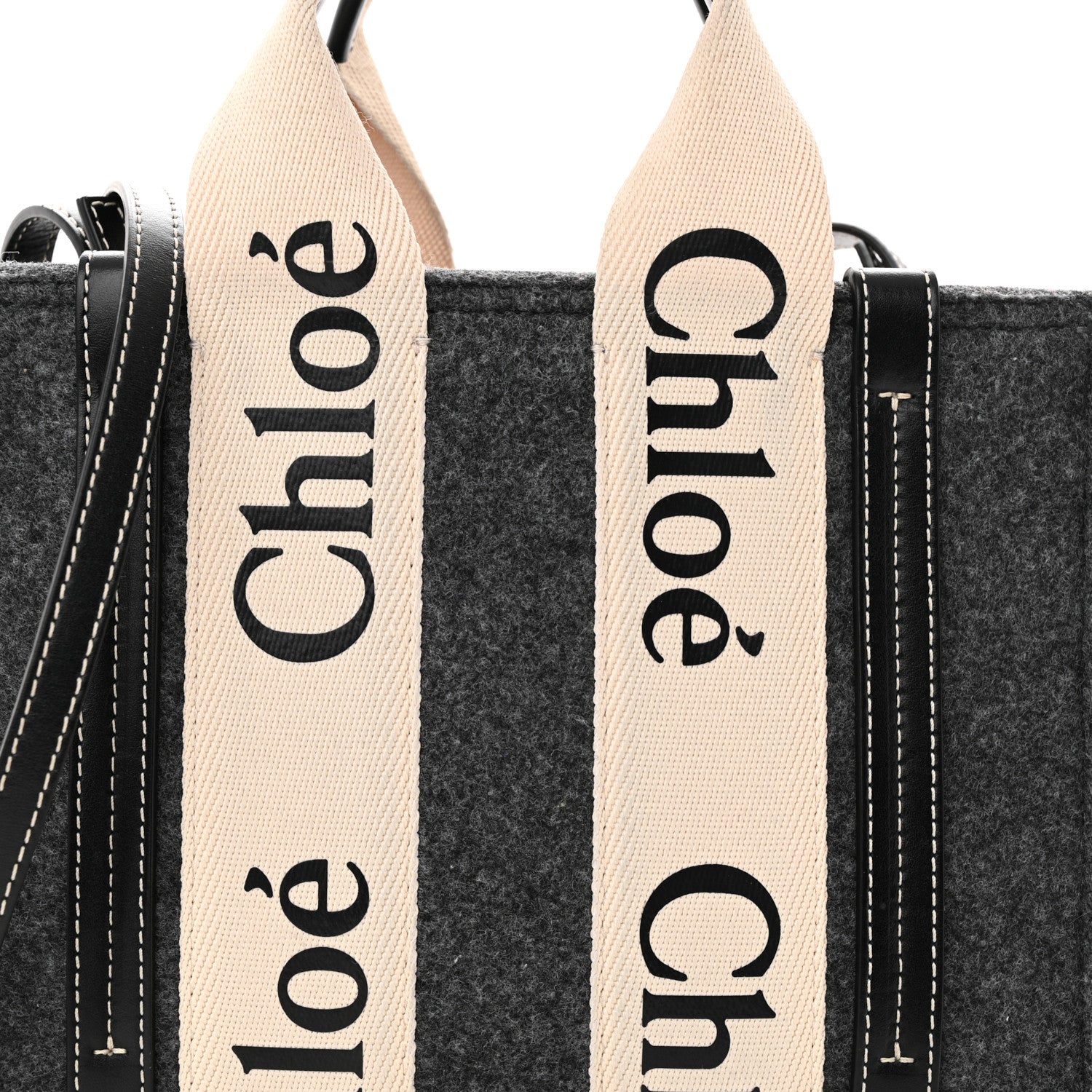 Chloe Felt Calfskin Small Woody Ribbon Tote With Strap Cashmere Grey 7 of 10