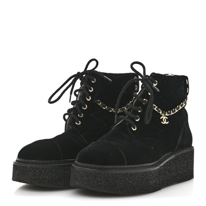 Chanel Velvet Chain Lace Up CC Short Boots 41 Black 4 of 10