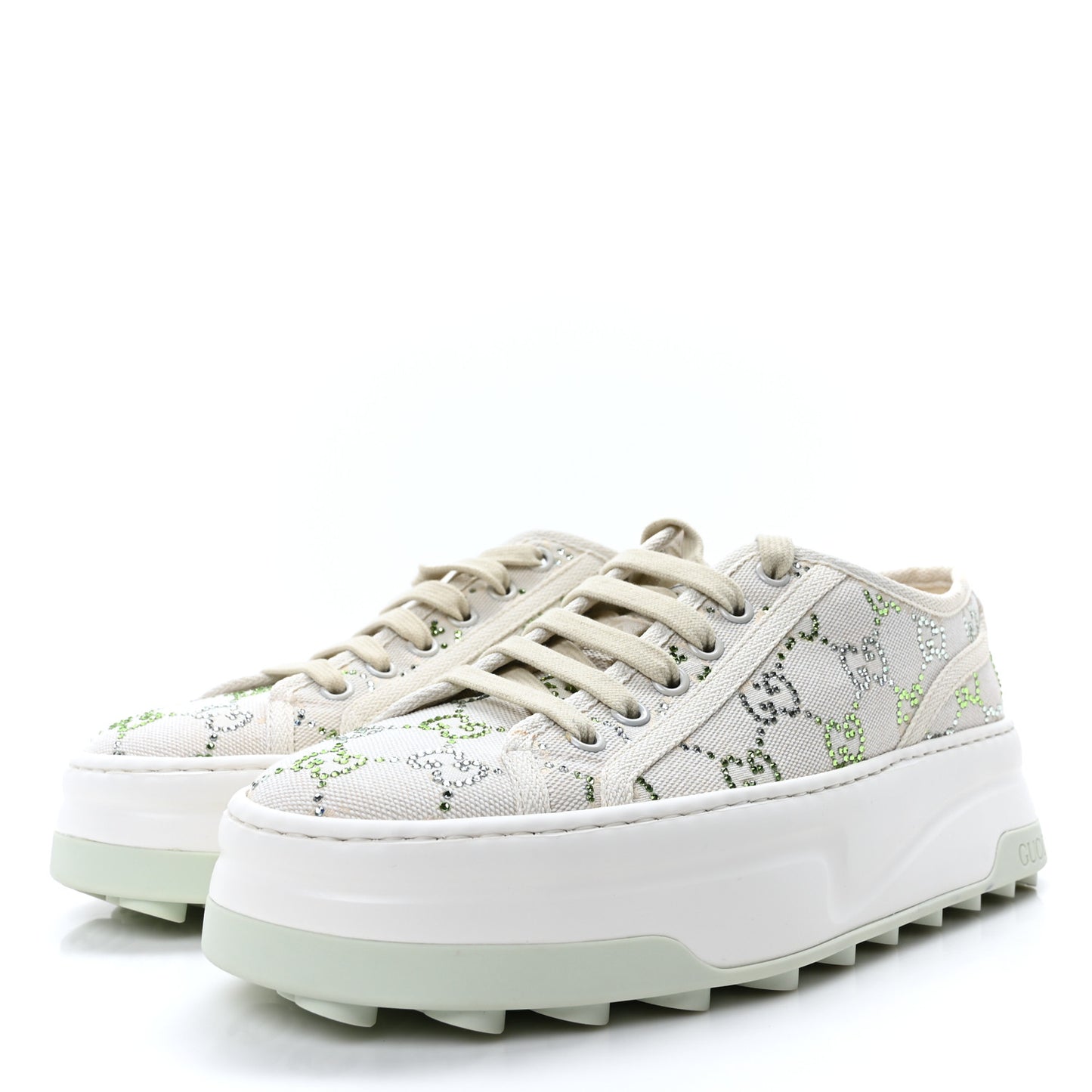 Canvas Lame Crystal GG Monogram Womens 1977 Tennis Sneakers 38.5 Medium Cream Mystic White