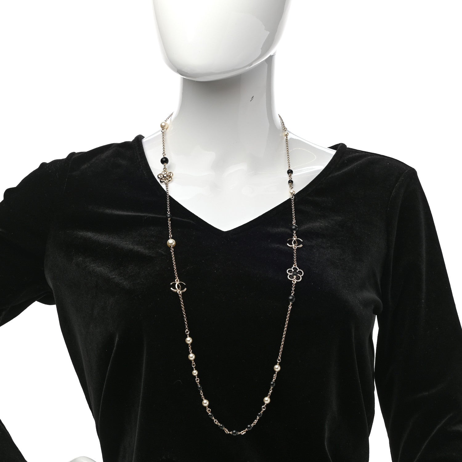 Chanel Pearl Crystal Flower CC Necklace Gold Black 2 of 7