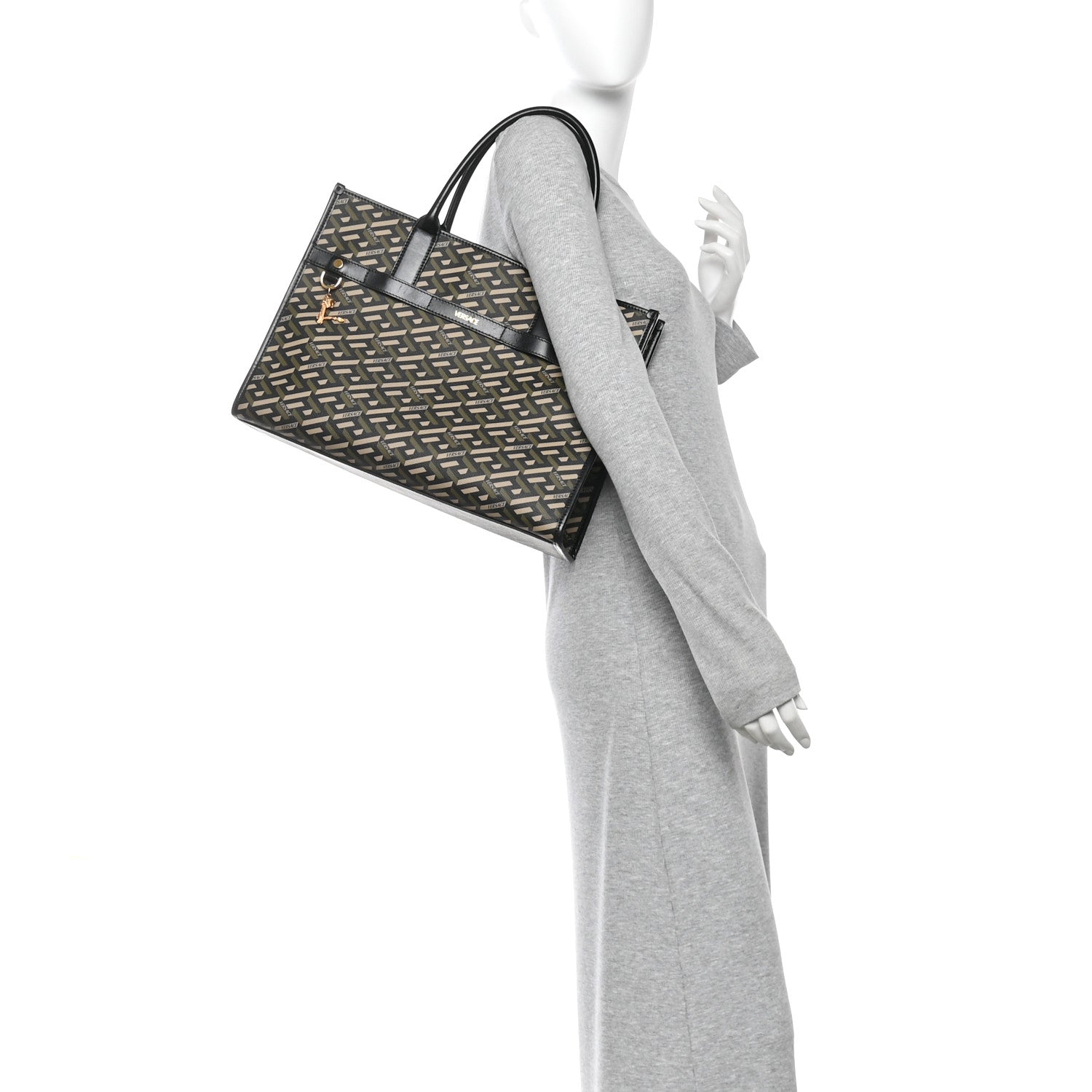 Versace Coated Canvas Calfskin La Greca Signature Tote Bag Black Khaki 2 of 14