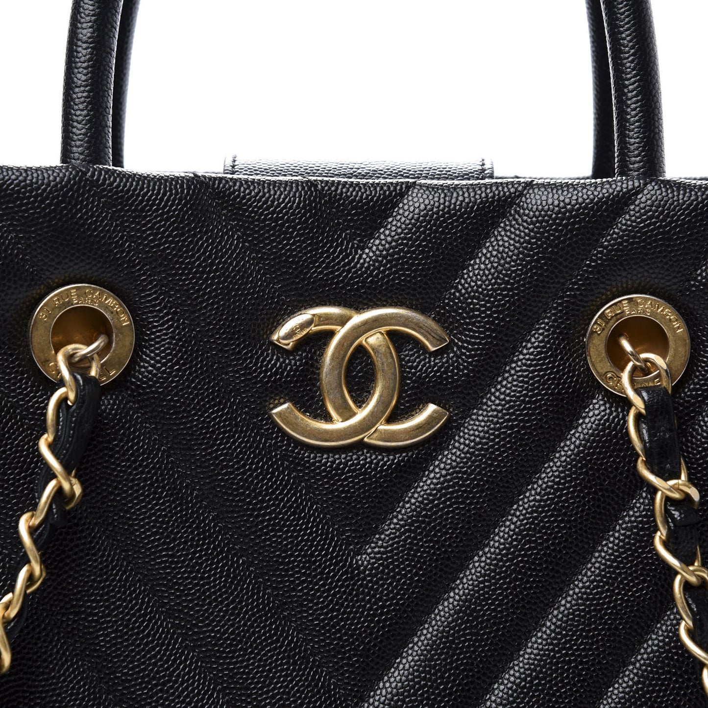 Caviar Chevron Quilted Coco Handle Shopping Tote Black