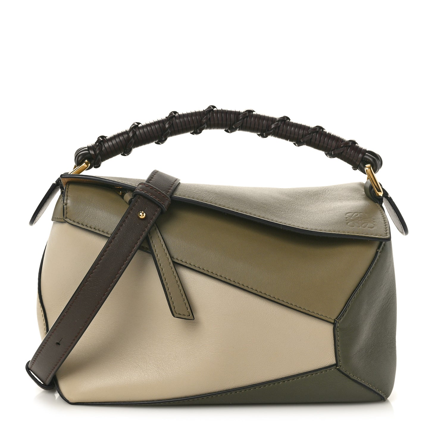 Calfskin Small Puzzle Edge Bag Laurel Green Light Oat