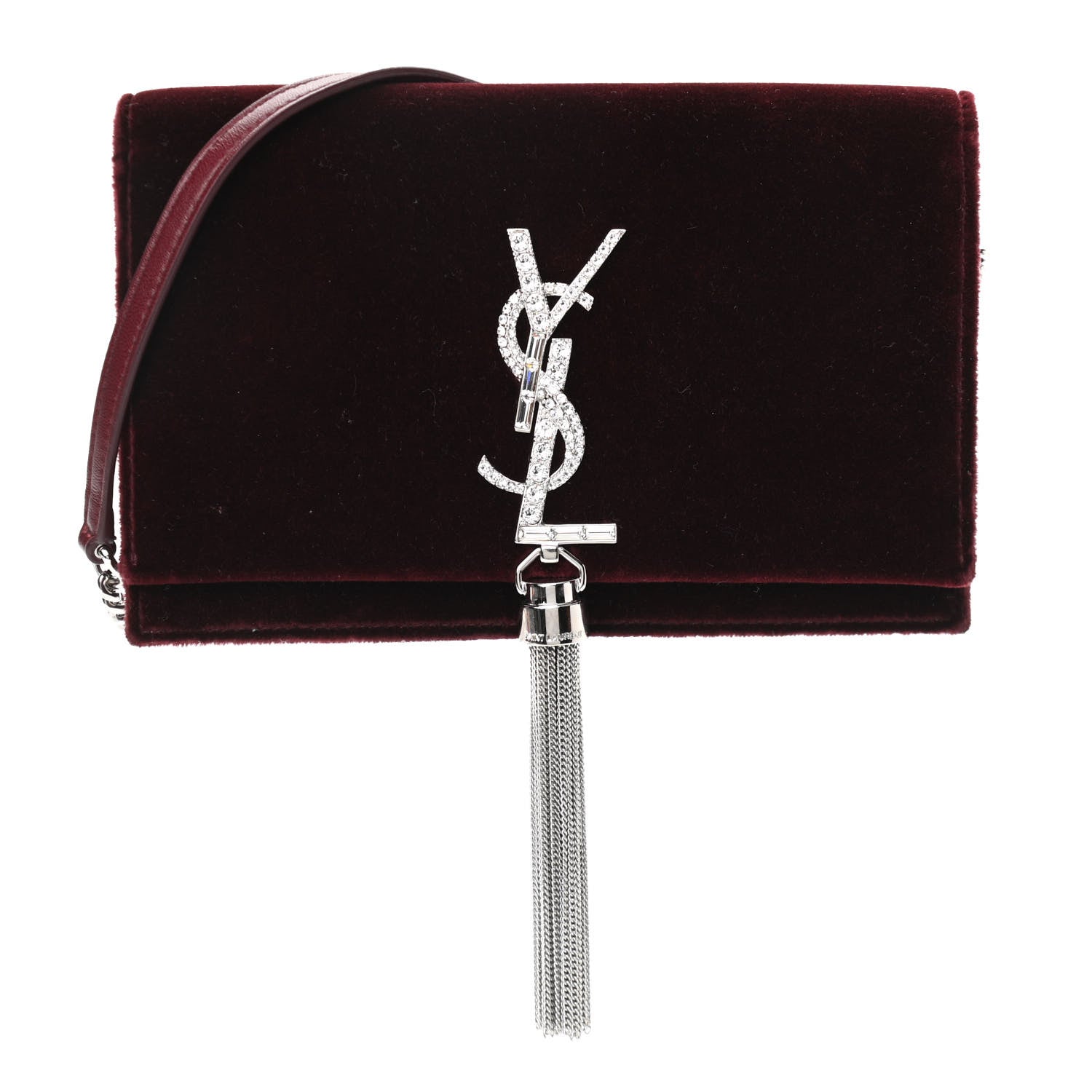 Saint Laurent Velvet Crystal Monogram Kate Tassel Shoulder Bag Burgundy 1 of 10