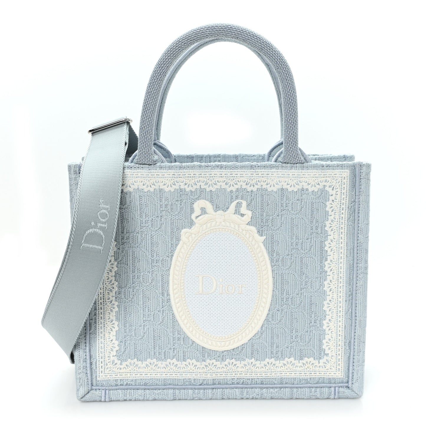 Oblique Embroidered Lace Dior Medallion Small Book Tote With Strap Celestial Blue White