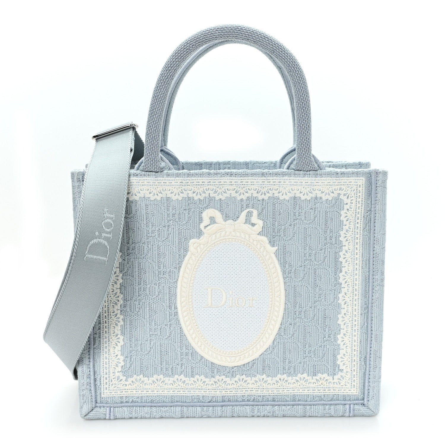 Christian Dior Oblique Embroidered Lace Dior Medallion Small Book Tote With Strap Celestial Blue White 1 of 10