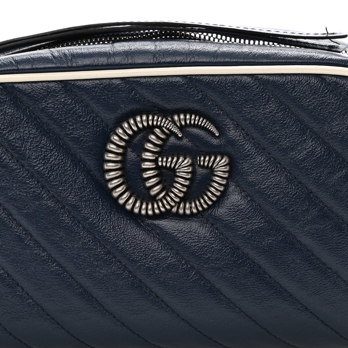 Vintage Effect Calfskin Matelasse Diagonal Small Torchon GG Marmont Chain Shoulder Bag Blue Agata Mystic White