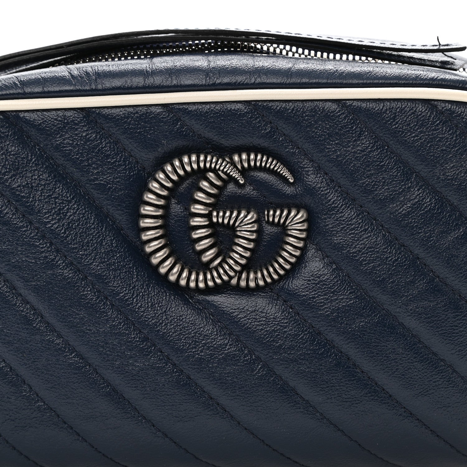 Gucci Vintage Effect Calfskin Matelasse Diagonal Small Torchon GG Marmont Chain Shoulder Bag Blue Agata Mystic White 8 of 9