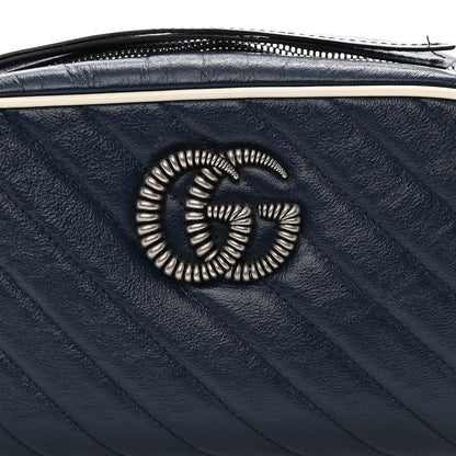 Gucci Vintage Effect Calfskin Matelasse Diagonal Small Torchon GG Marmont Chain Shoulder Bag Blue Agata Mystic White 8 of 9