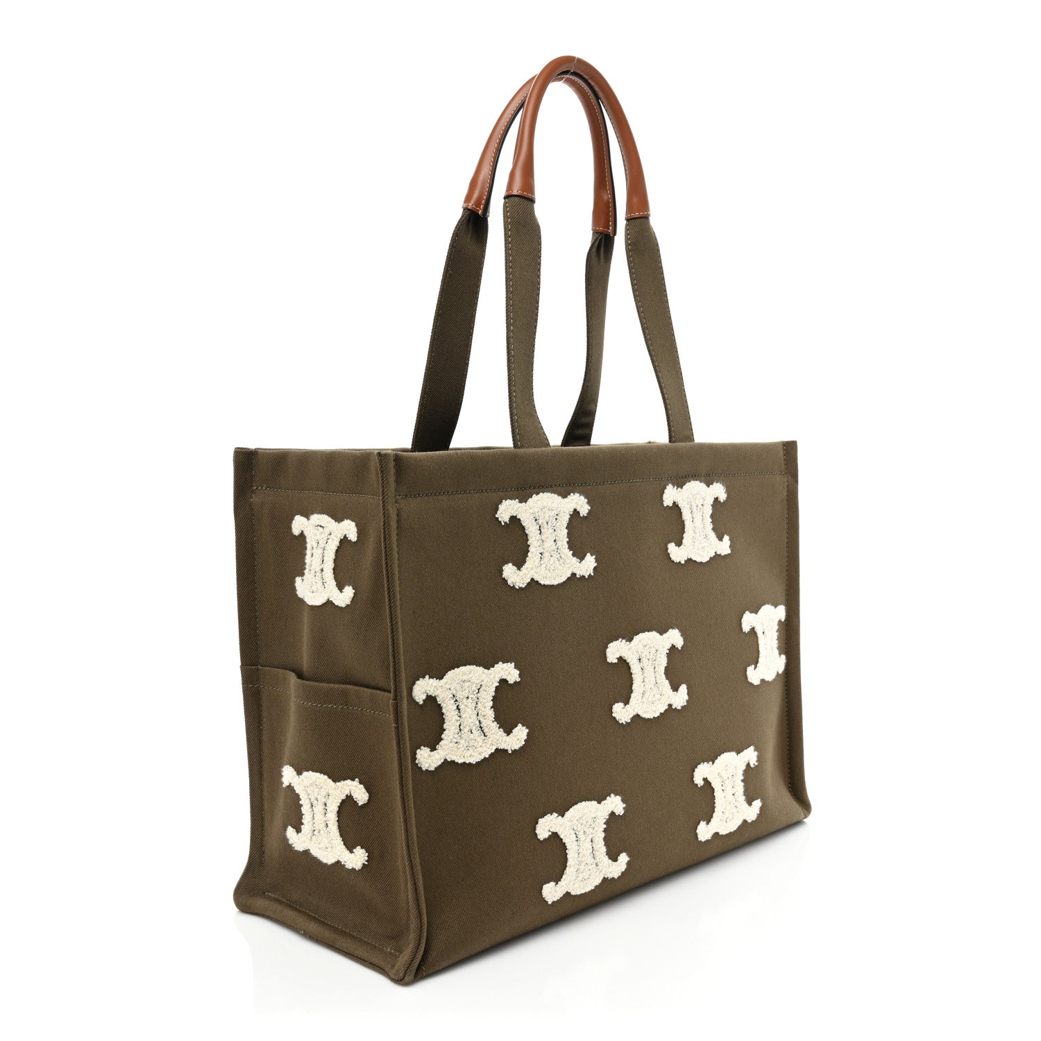 Celine Canvas Calfskin Embroidered Triomphe Large Cabas Thais Khaki Tan 3 of 13