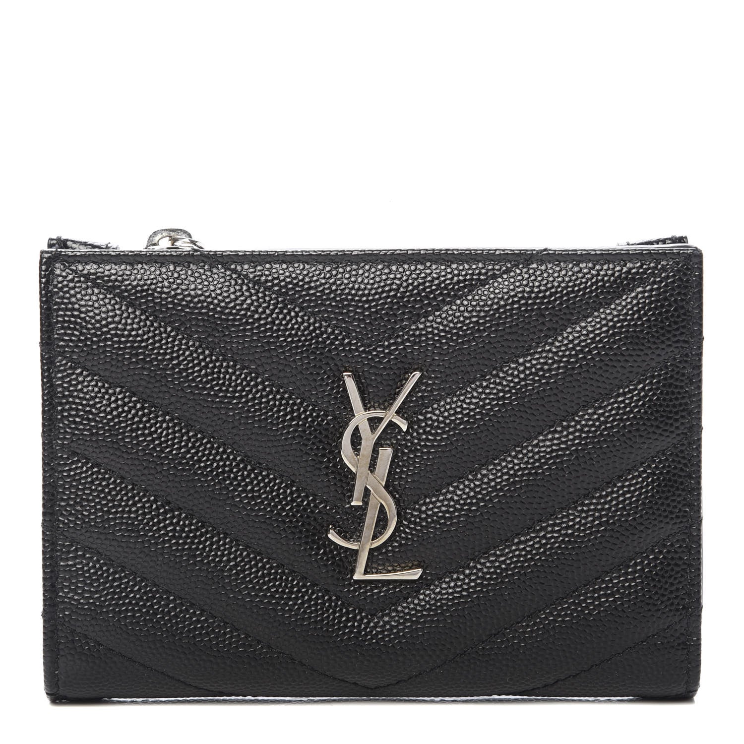 Saint Laurent Grain De Poudre Matelasse Chevron Monogram Zipped Two-Part Wallet Black 1 of 9