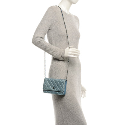 Chanel Patent Quilted Wallet On Chain WOC Blue 2 of 8