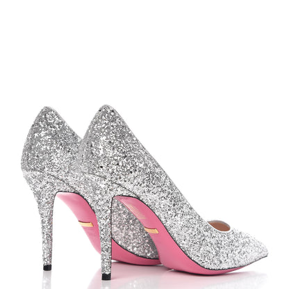 Gucci Nappa Silk Glitter Removable Crystal Heart Pumps 39.5 Argento 8 of 14