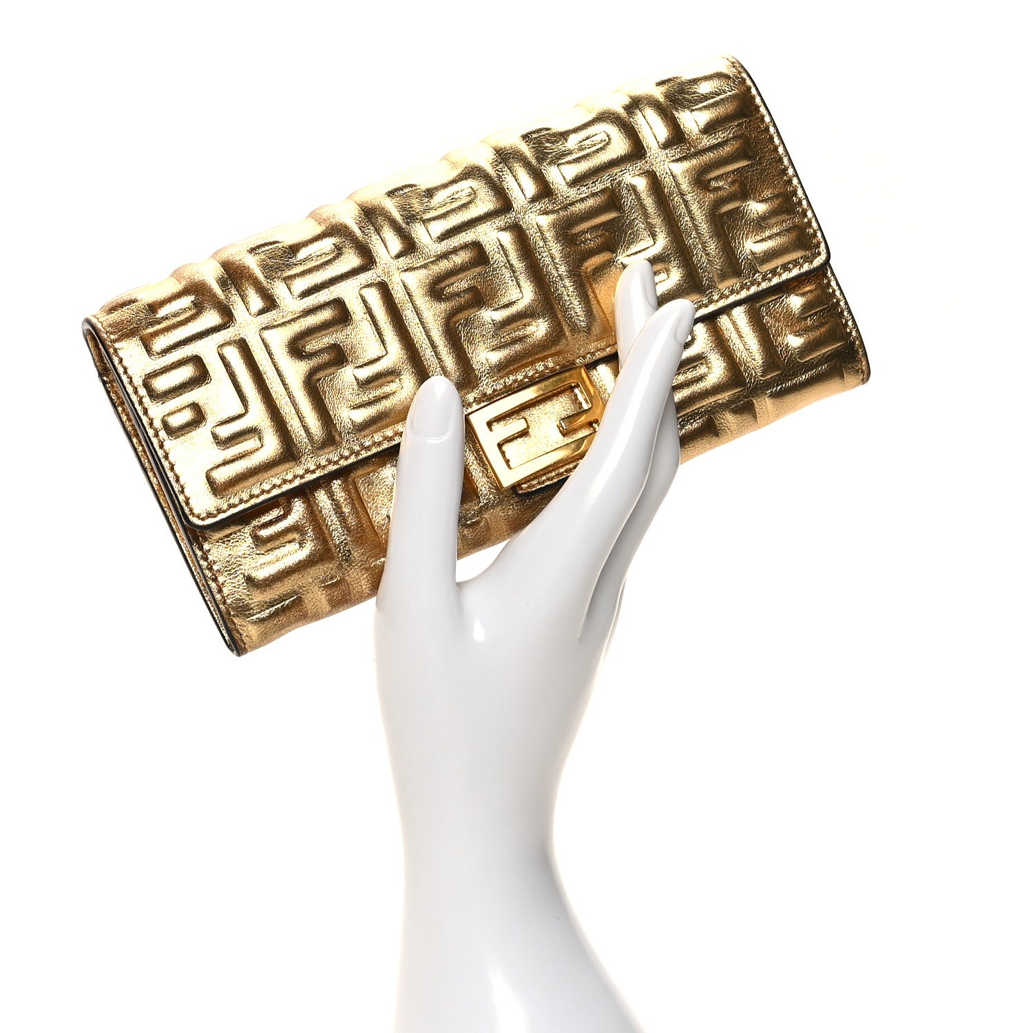 Fendi Vitello Catalan Mirror FF 1974 Embossed Continental Wallet Gold 2 of 9