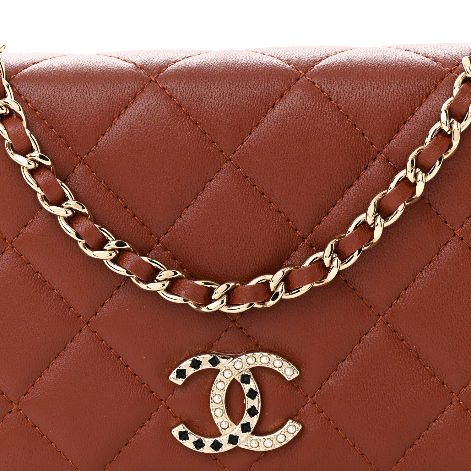 Chanel Lambskin Quilted Crystal Pearl CC Wallet On Chain WOC  Brown 9 of 12