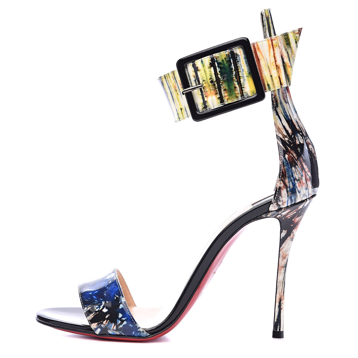 Christian Louboutin Patent Bazin Blade Runana 100 Sandals 38.5 Black Multi 1 of 9