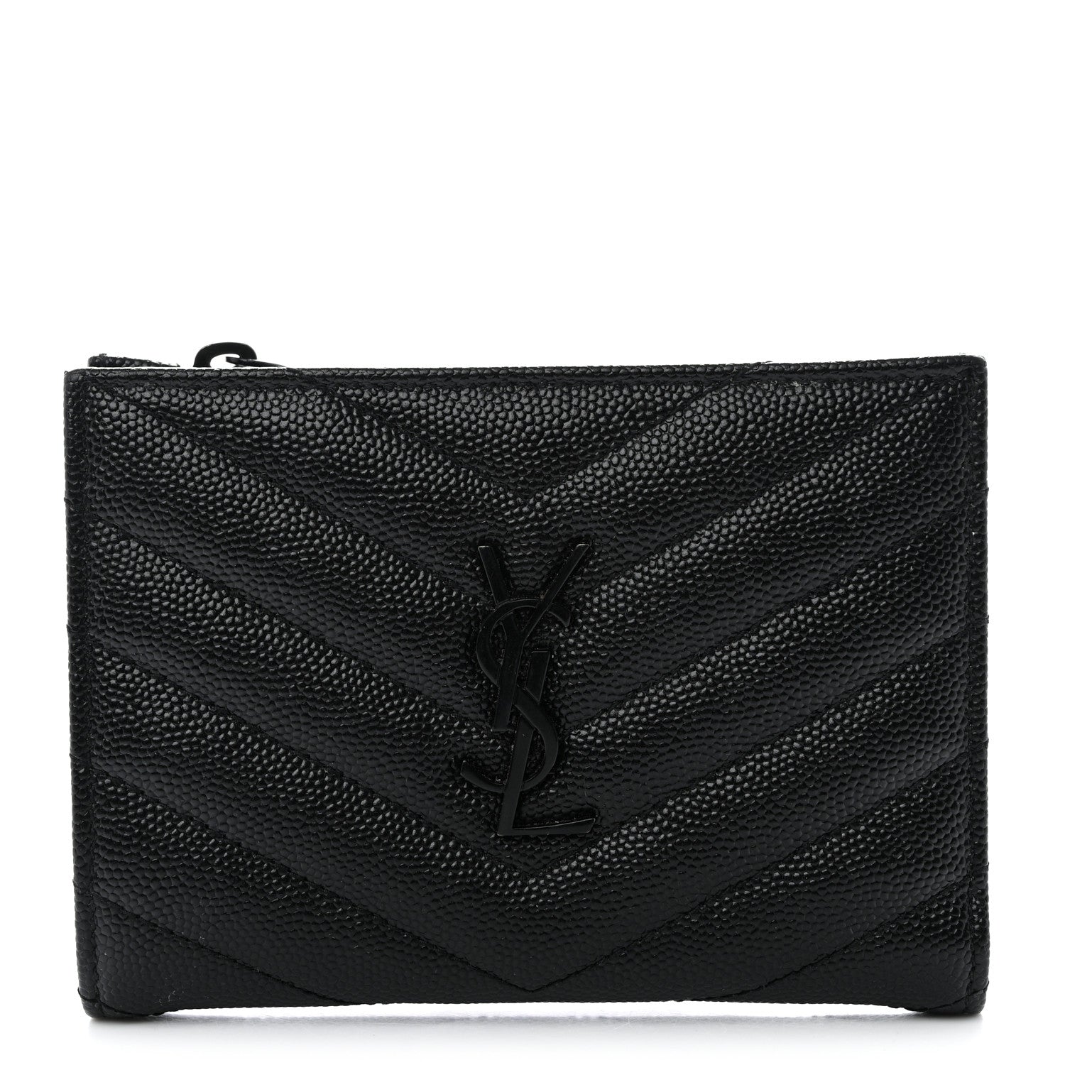 Saint Laurent Grain De Poudre Matelasse Chevron Monogram Zipped Two-Part Wallet Black 1 of 10