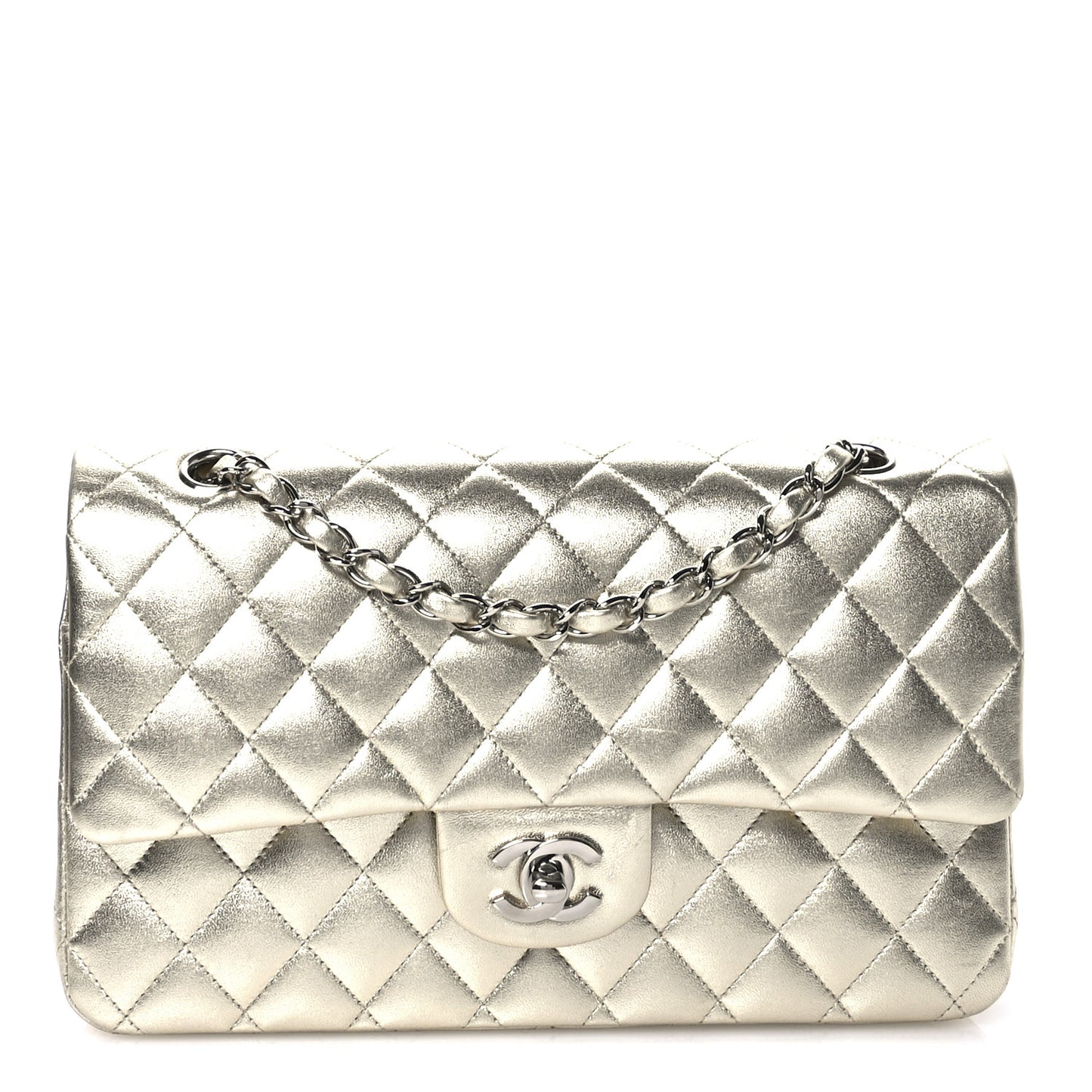 Metallic Lambskin Quilted Medium Double Flap Pale Gold