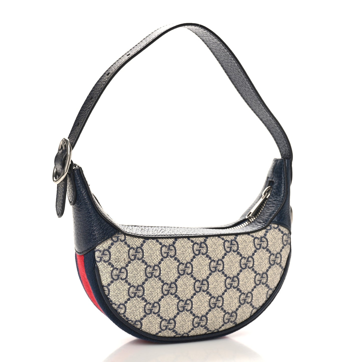 GG Supreme Monogram Textured Dollar Calfskin Web Mini Ophidia Half Moon Hobo Beige Blue