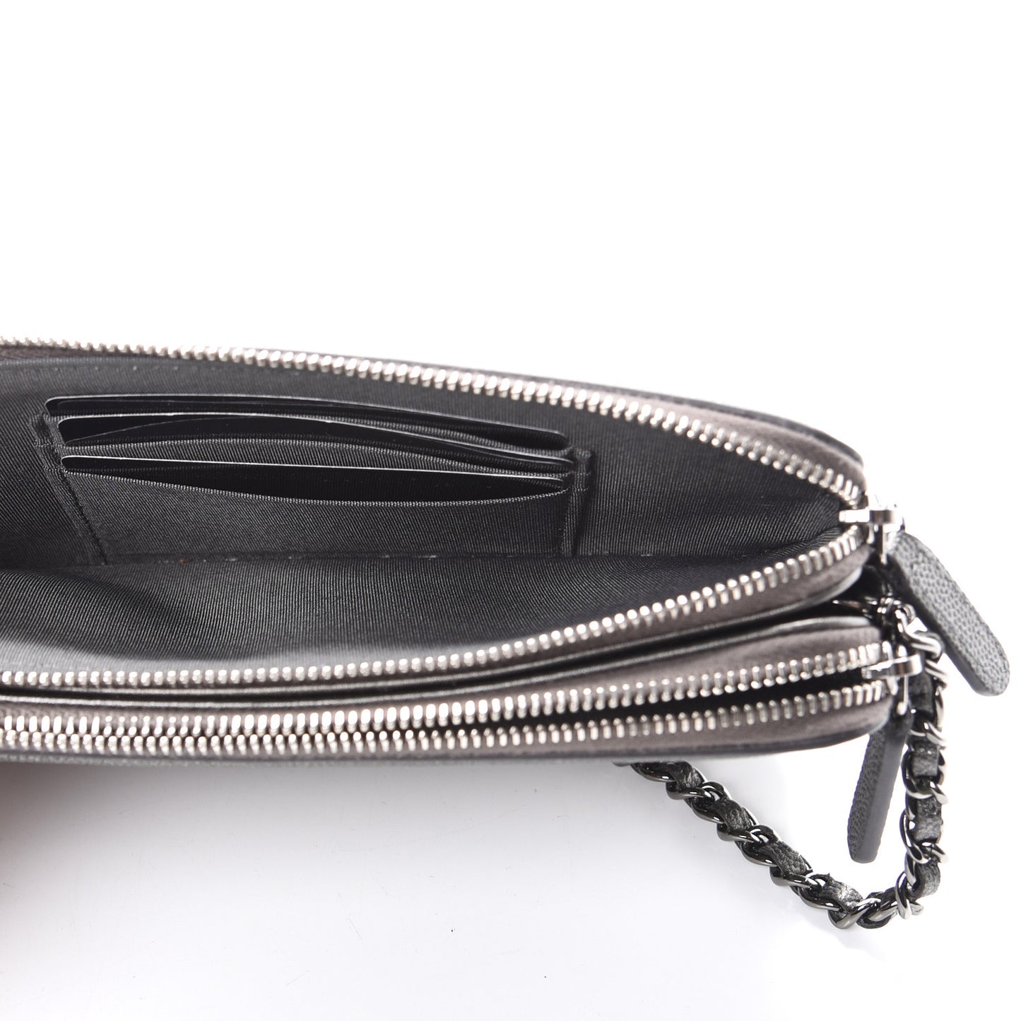 Metallic Caviar Quilted CC Filigree Clutch With Chain Dark Silver