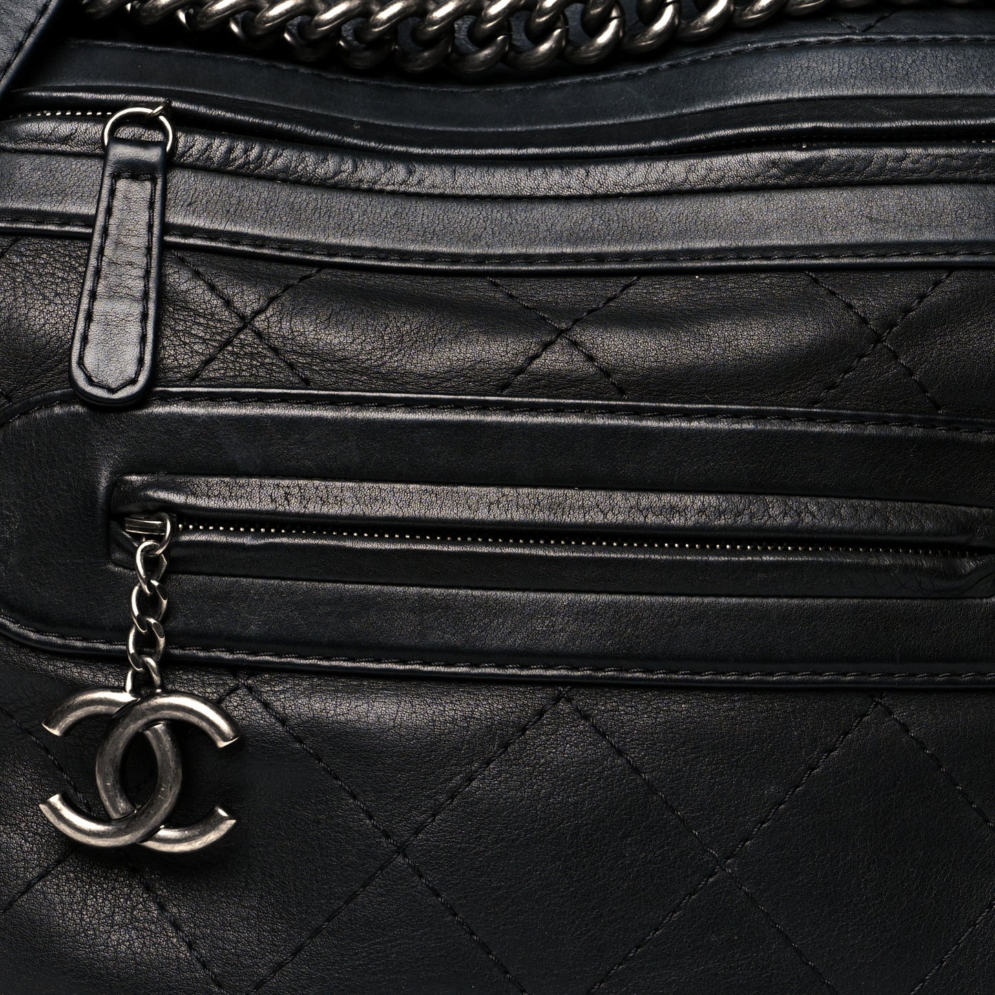 Calfskin Stitched Double Zip Hobo Black