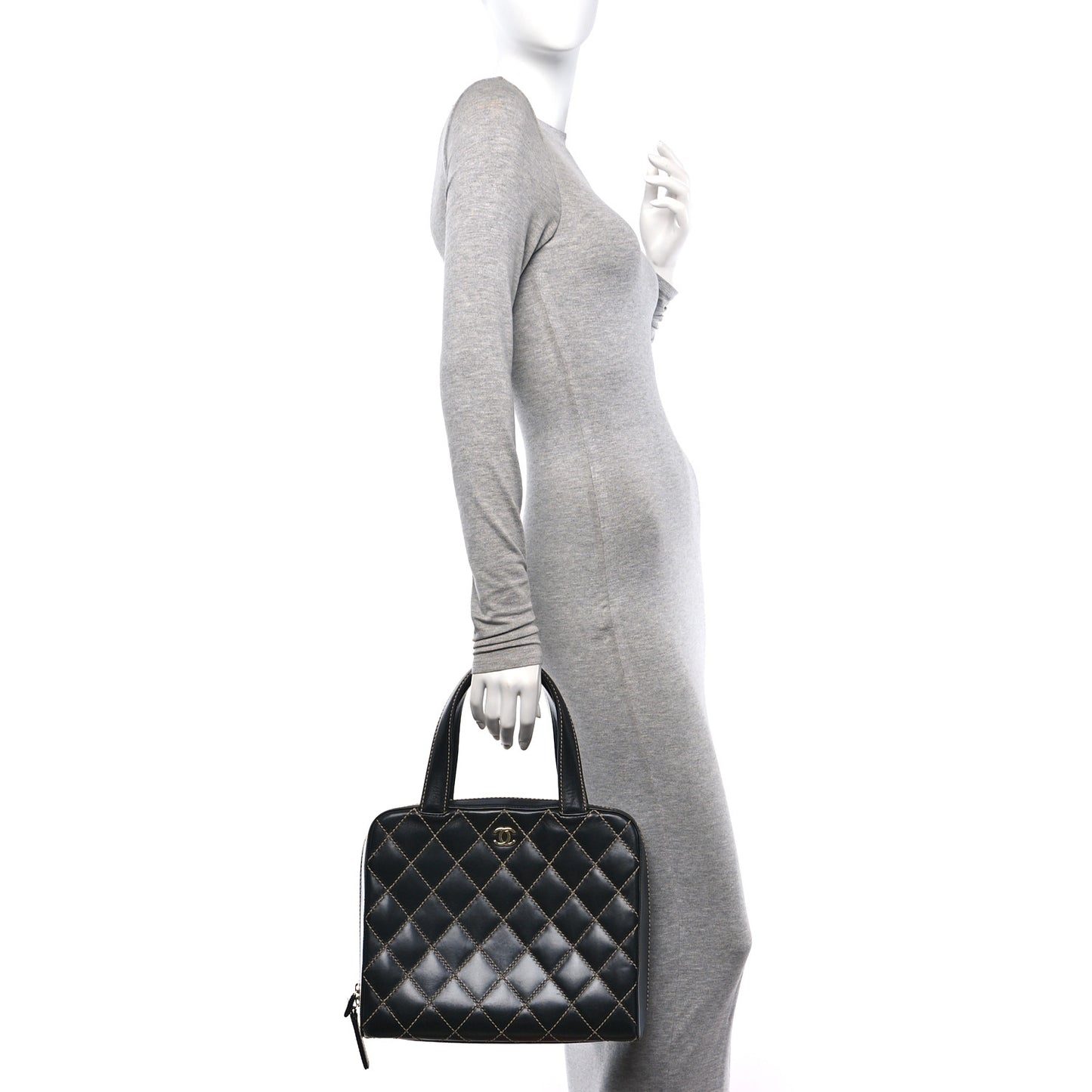 Calfskin Wild Stitch Vertical Top Handle Bag Black