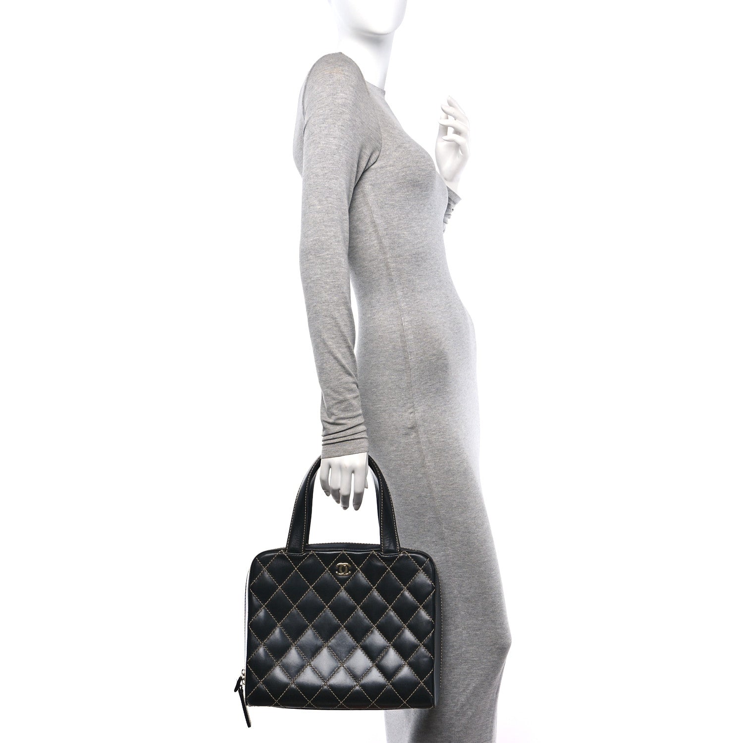 Chanel Calfskin Wild Stitch Vertical Top Handle Bag Black 2 of 12