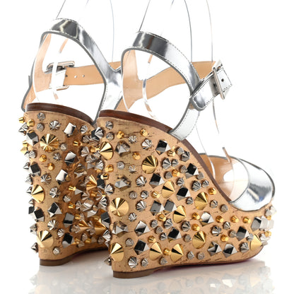 Christian Louboutin Calfskin Lame Cork Almericca 120 Studded Wedge Sandals 41 Silver 4 of 14