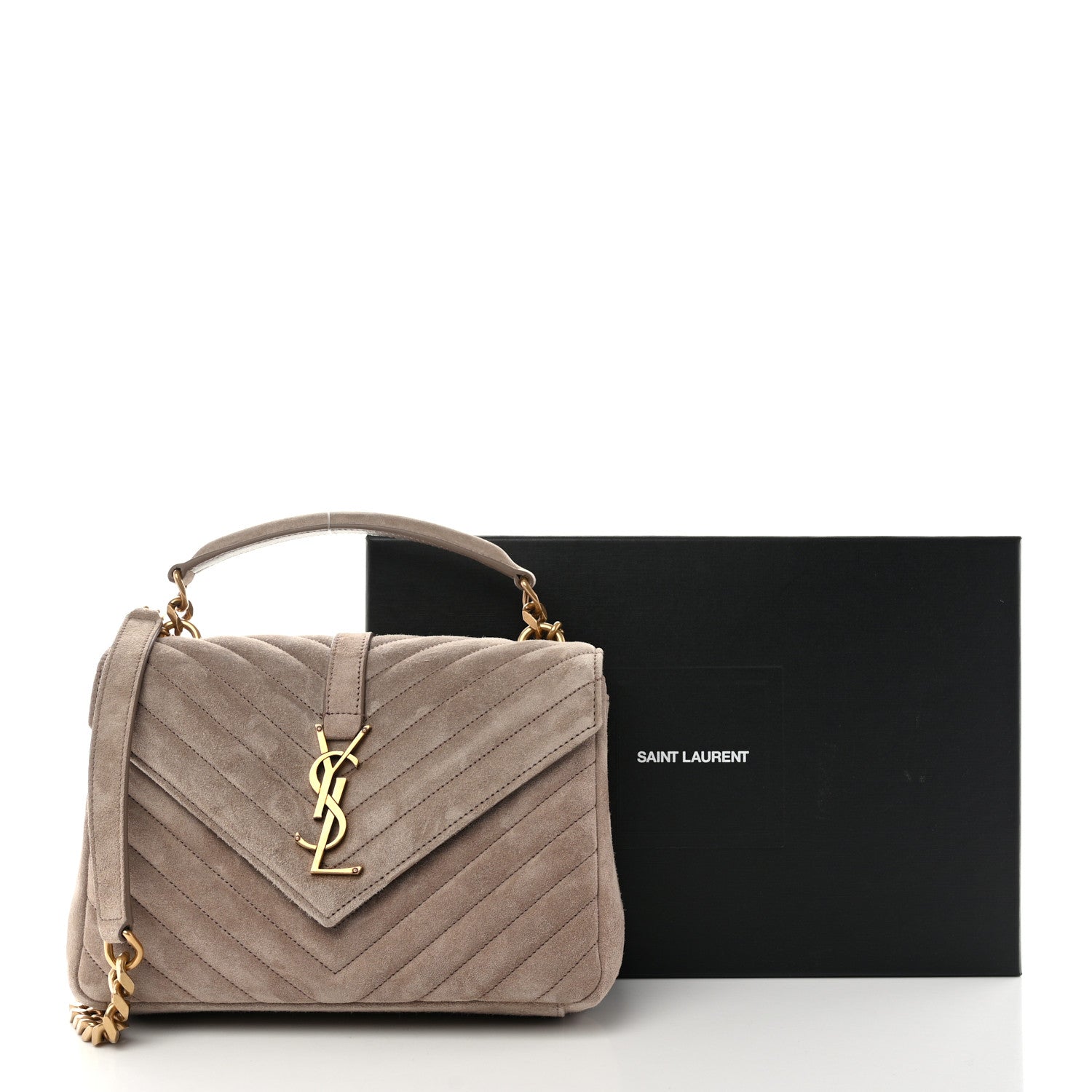 Saint Laurent Suede Matelasse Chevron Monogram Medium College Bag Taupe 12 of 12
