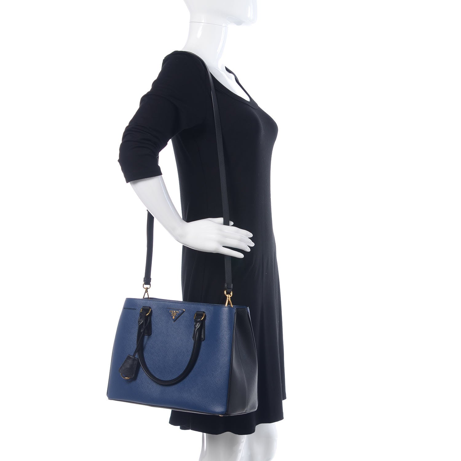 Prada Saffiano Lux Bi-Color Medium Tote Bluette Black 2 of 9
