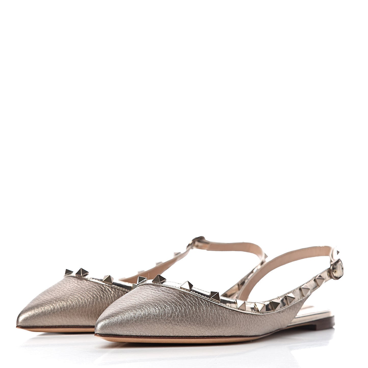 Metallic Pebbled Calfskin Patent Rockstud Slingback Flats 38 Skin