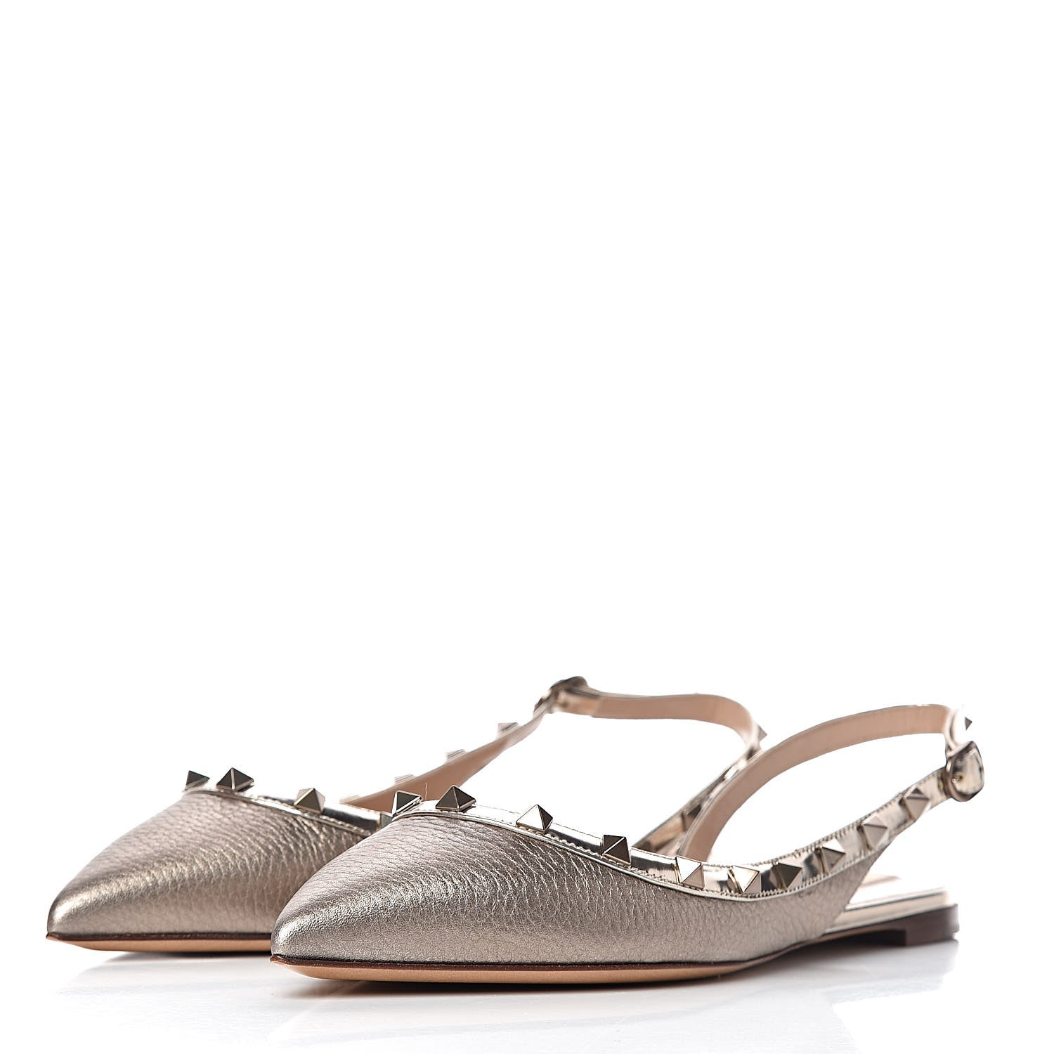 Valentino Garavani Metallic Pebbled Calfskin Patent Rockstud Slingback Flats 38 Skin 3 of 11