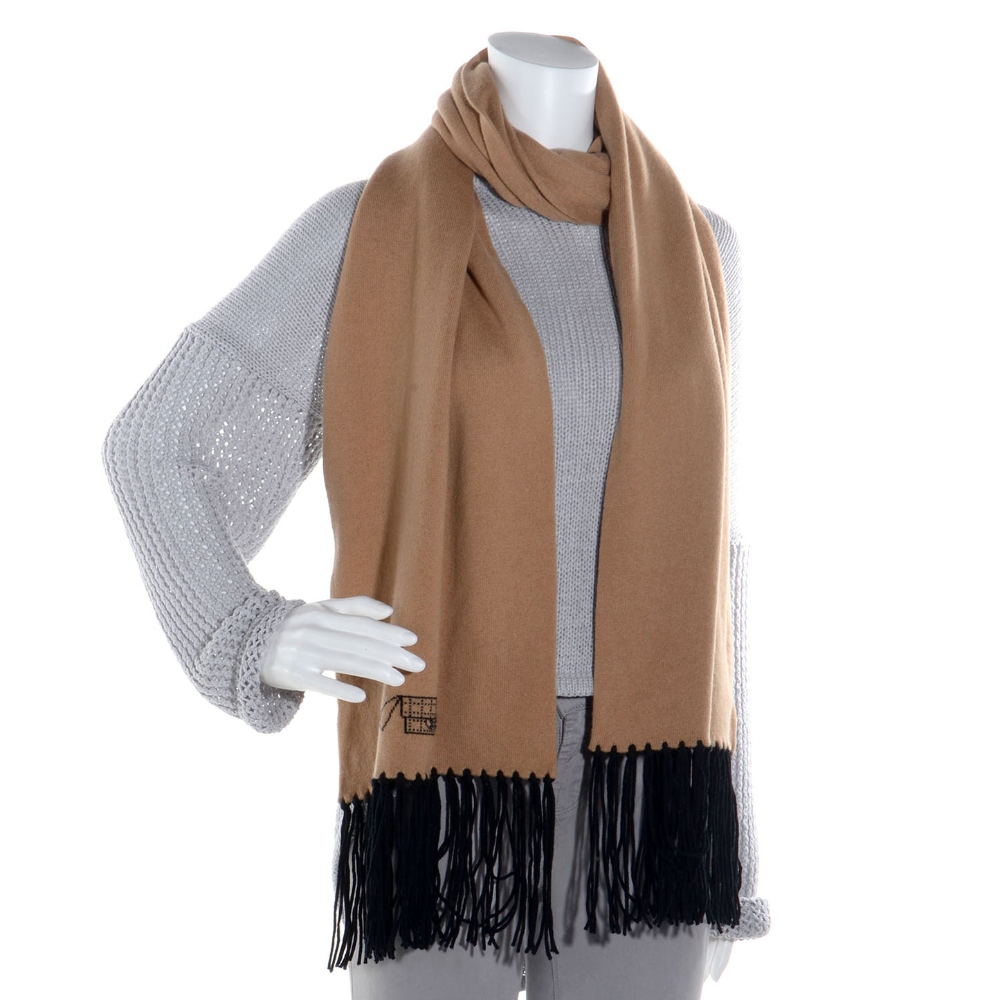 Knit Embroidered Fringe Scarf Beige Black