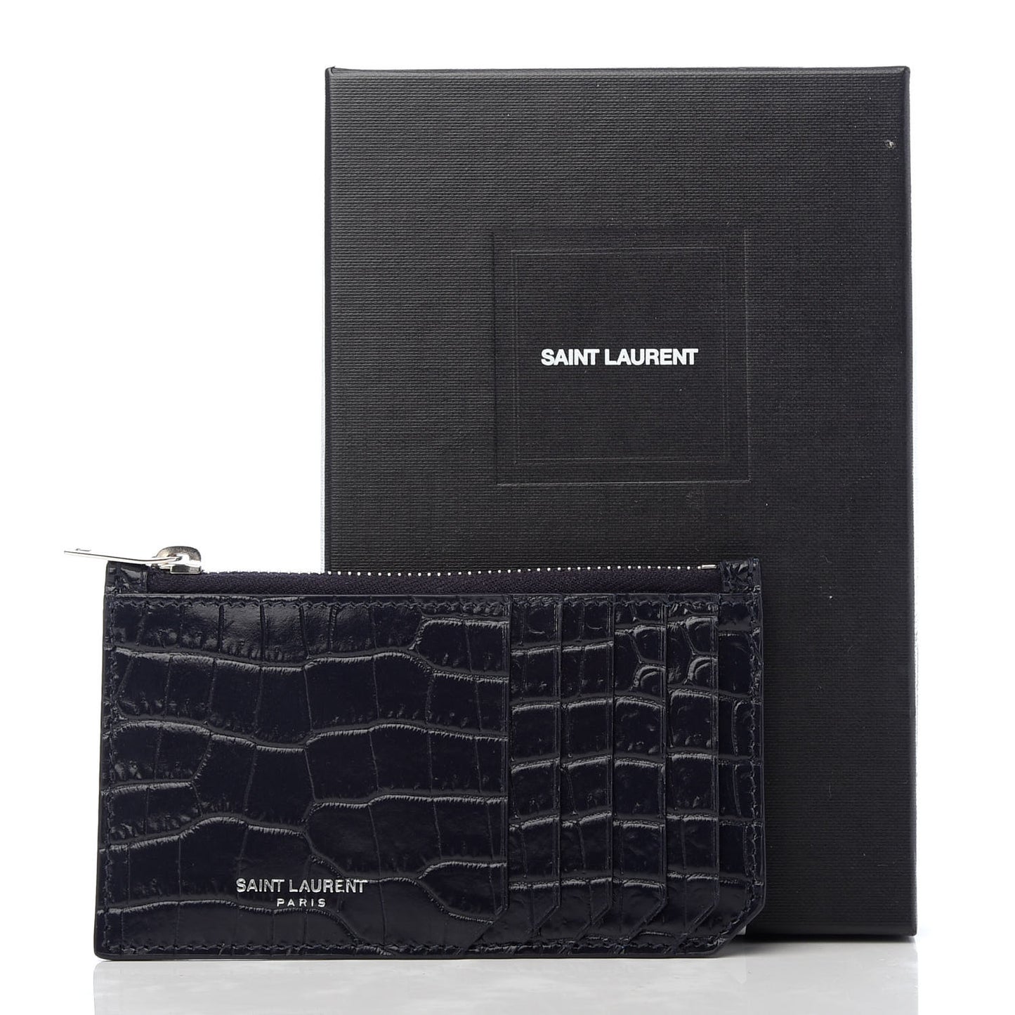 Calfskin Crocodile Embossed 5 Fragments Zip Pouch Card Holder Blue Marine